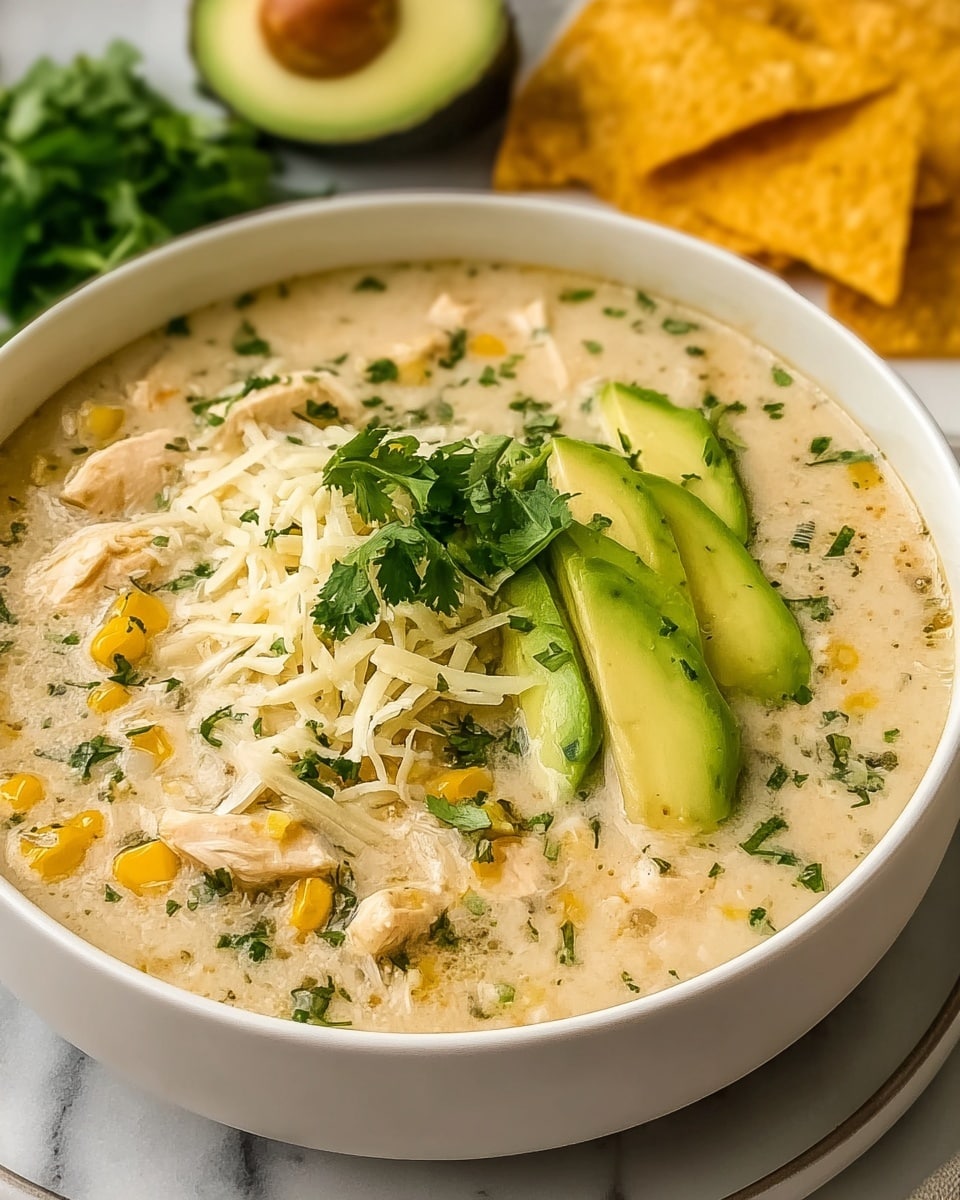 A white bowl filled with creamy chicken soup featuring visible chunks of white chicken, yellow corn kernels, and green herbs mixed throughout the light beige broth. On top, there is a layer of shredded white cheese and freshly chopped green cilantro. Two slices of bright green avocado rest on one side as a garnish. In the background, there are a few yellow tortilla chips and more avocado slices, all set against a white marbled surface. photo taken with an iphone --ar 4:5 --v 7