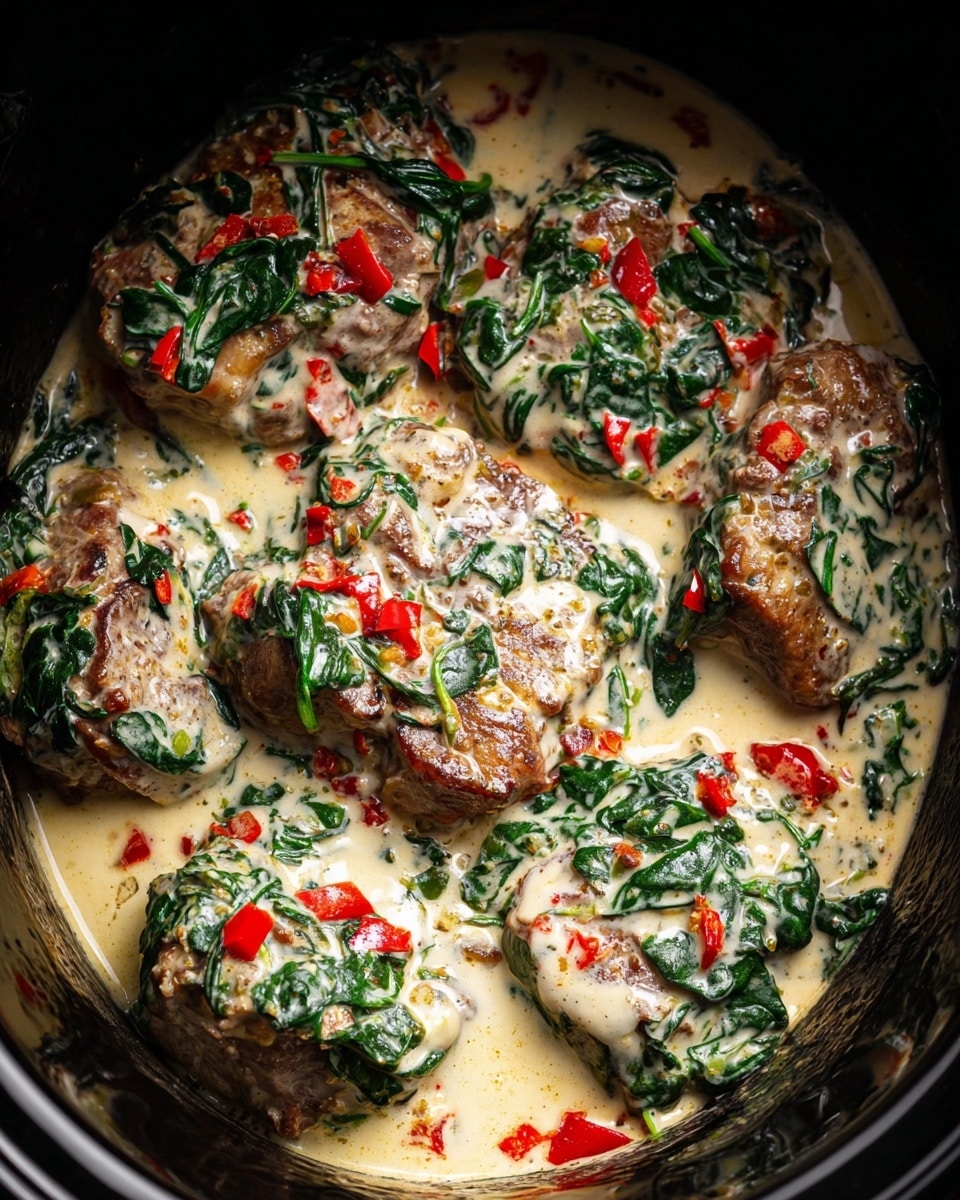 The image shows several pieces of cooked meat, each covered with a creamy white sauce mixed with green leafy spinach and small red pepper pieces spread evenly on top. The meat is placed closely together in a round black container, with some sauce and ingredients pooling slightly around the edges. The sauce looks thick and smooth, and the spinach and peppers add bright green and red colors contrasting with the pale cream sauce and the brown meat underneath. The overall look is rich and hearty with a mix of colors and textures in a deep, round black dish. photo taken with an iphone --ar 4:5 --v 7