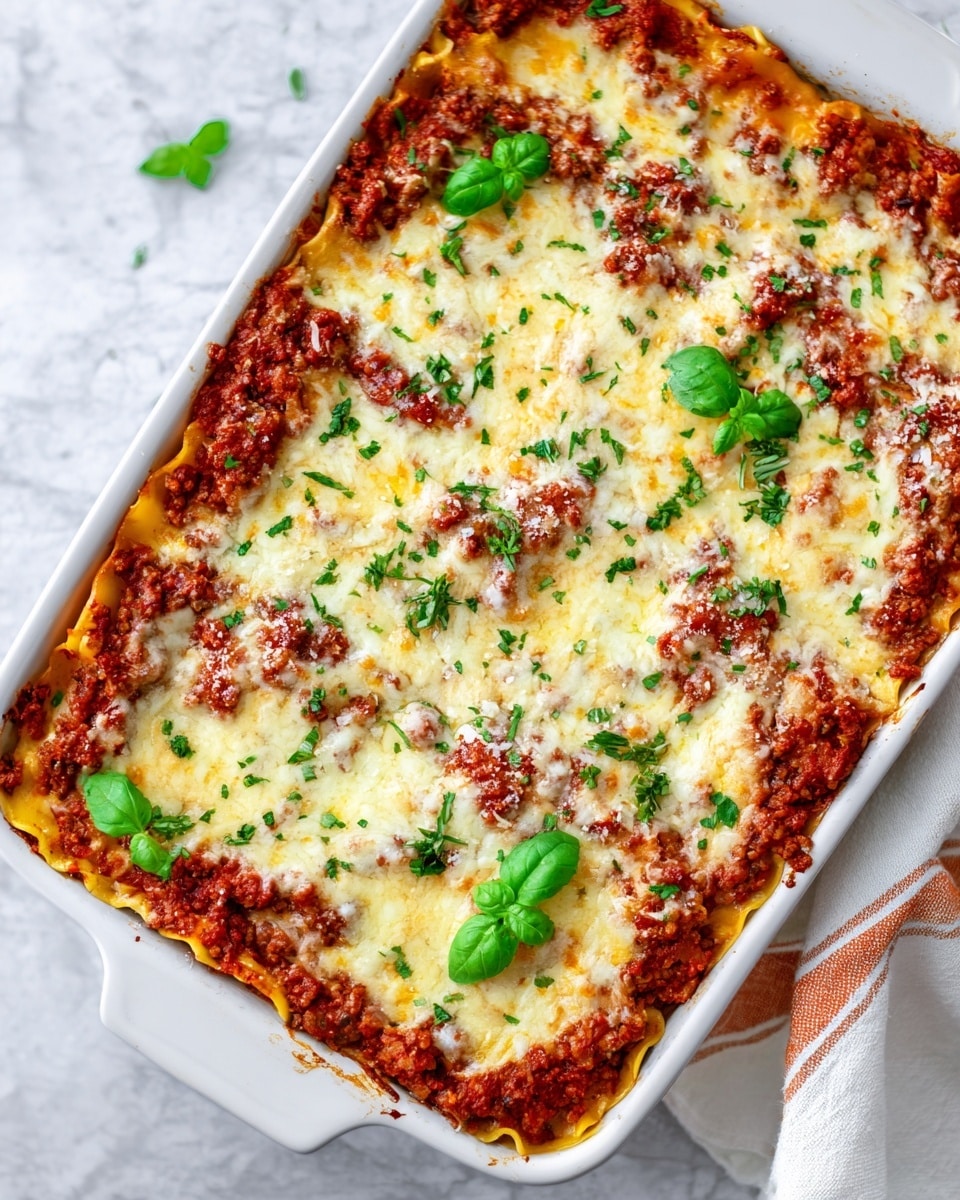 A rectangular white baking dish holds a baked lasagna with three visible layers: the bottom layer is a rich red tomato sauce with meat, the middle layer consists of tender pasta sheets covered with melted white cheese, and the top layer is a thick blanket of bubbly, golden-browned mozzarella cheese scattered with small green fresh herb leaves and finely chopped parsley for garnish. The lasagna edges show slight bubbling and some sauce drips over the white dish, which sits on a white marbled surface with a white and orange cloth beside it, adding a cozy touch. Photo taken with an iphone --ar 4:5 --v 7