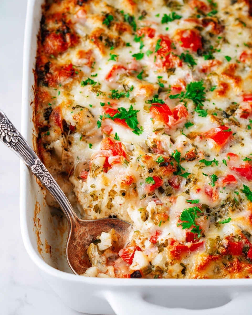 A white baked dish filled with a colorful mix of melted cheese melted over layers of chopped red tomatoes, finely diced green herbs, and small bits of light-colored vegetables or chicken, all combined into a soft textured casserole with a slightly browned top. The dish is garnished with scattered chopped parsley, and a silver spoon with detailed floral design rests inside, partially scooping the mixture, sitting on a smooth white marbled surface. photo taken with an iphone --ar 4:5 --v 7