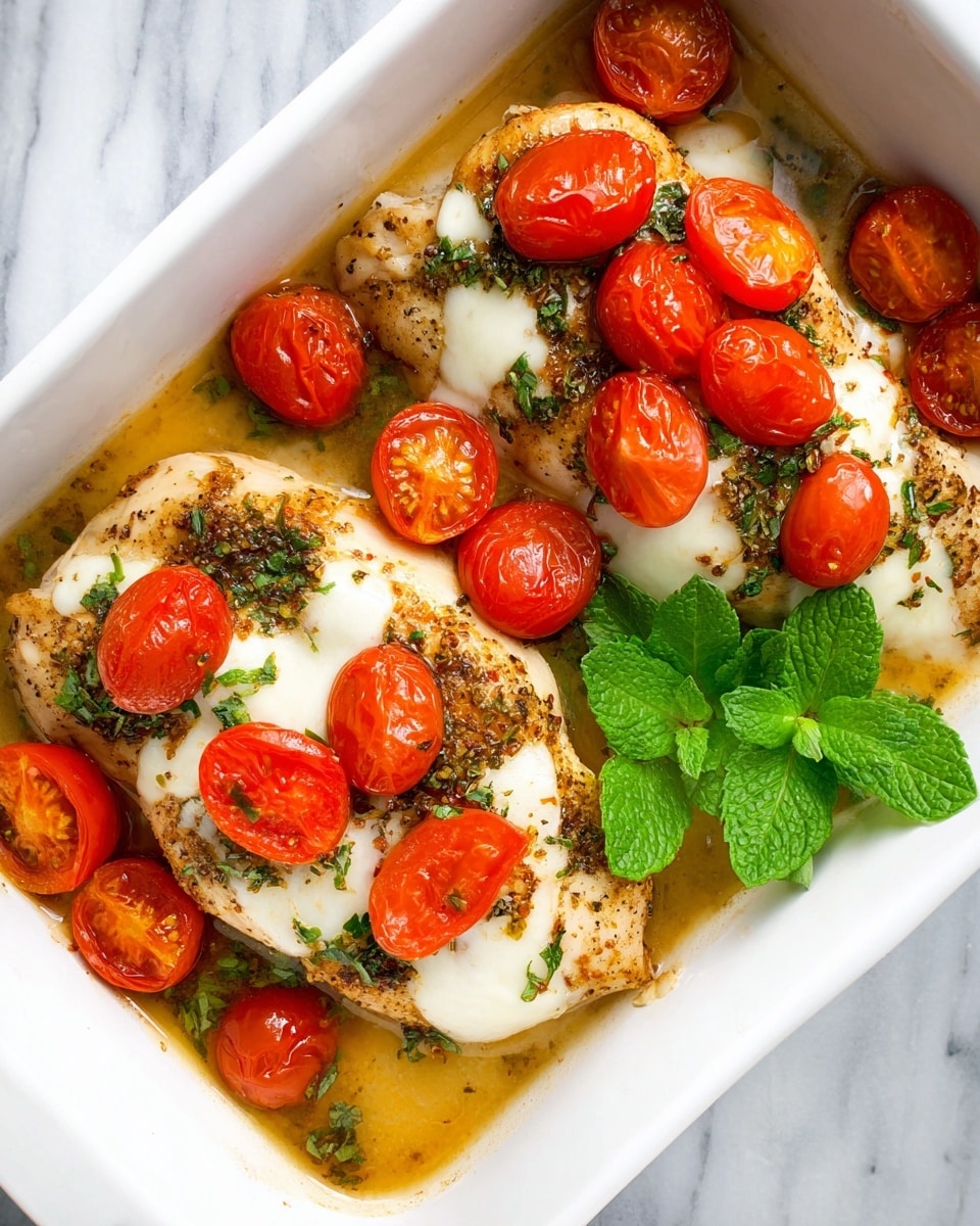 The image shows a white rectangular dish with two cooked chicken breasts as the base layer, each topped with melted white cheese and several slices of bright red cherry tomatoes. There are herbs and seasoning visible on the chicken, and a light brown sauce surrounds the pieces in the dish. Fresh green mint leaves are placed near the chicken breasts, adding a pop of color. The whole scene is on a white marbled surface. Photo taken with an iphone --ar 4:5 --v 7