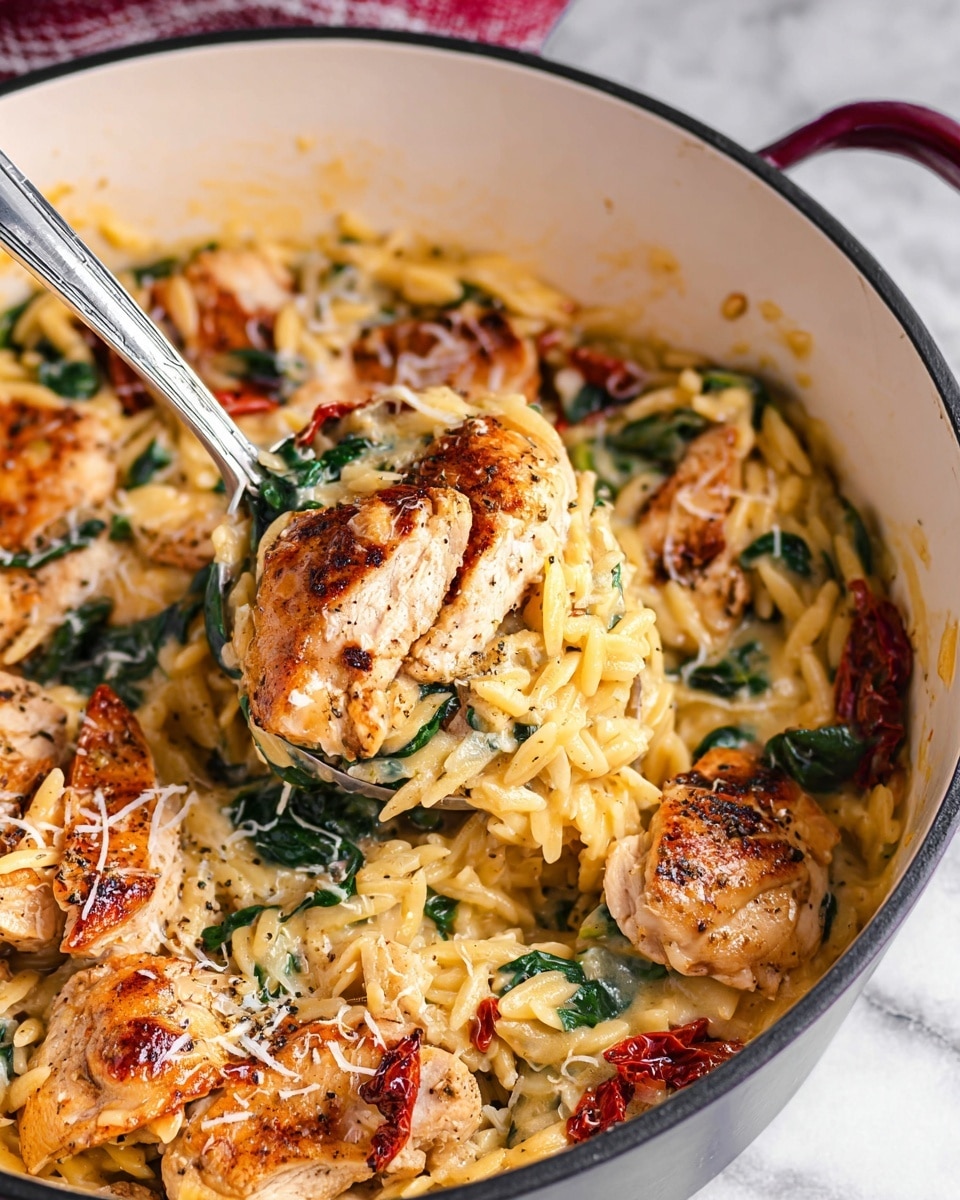 A close-up of a white pot filled with creamy orzo pasta, browned slices of chicken, wilted dark green spinach leaves, and pieces of red sun-dried tomatoes, all mixed together in a light sauce. The chicken pieces are golden brown with a slightly crispy texture and are sprinkled lightly with grated cheese and black pepper. A silver spoon lifts a portion showing layers of tender chicken on top of creamy yellow orzo and green spinach. The pot rests on a white marbled surface with a glimpse of a red and white cloth in the background. photo taken with an iphone --ar 4:5 --v 7