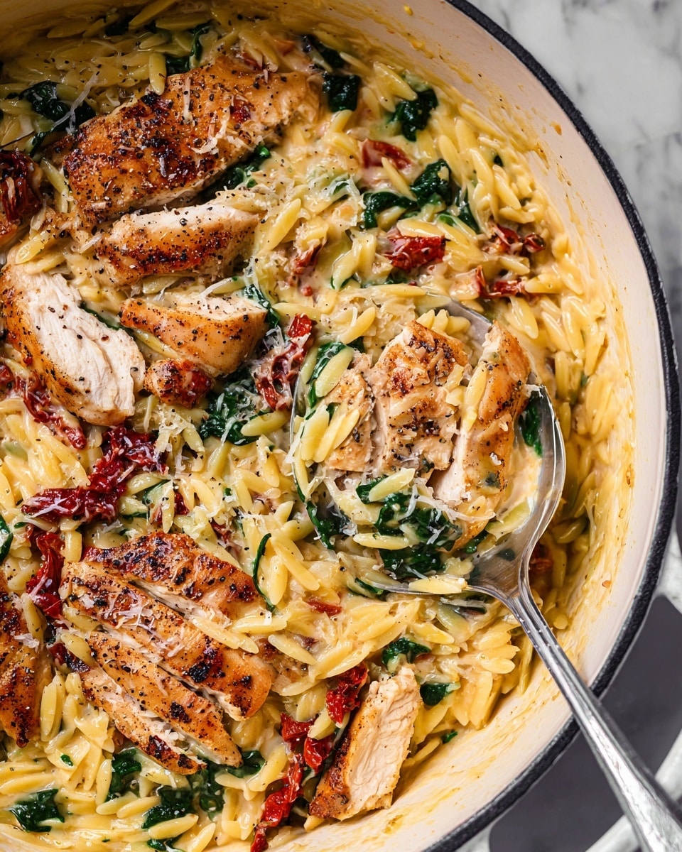 A close-up view of a white pot filled with creamy orzo pasta mixed with vibrant green spinach and pieces of sun-dried tomatoes, topped with several golden-brown, seared chicken breasts that have a slight char and sprinkled with grated cheese and black pepper. A silver spoon lifts a portion including one chicken breast, some orzo, spinach, and sun-dried tomatoes, showing the creamy texture of the dish. The pot sits on a white marbled surface with a hint of a red cloth in the background. photo taken with an iphone --ar 4:5 --v 7