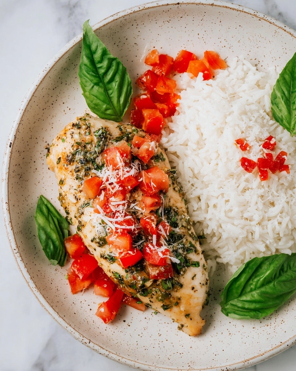 The image shows two pieces of cooked chicken breast on a white plate with a white marbled surface underneath. Each chicken piece has a light golden color with herbs and spices visible on the surface, giving a textured, slightly rough look. On top of the chicken are small, bright red diced tomatoes scattered evenly, adding a fresh contrast. A green herb leaf lies under one piece of chicken, and there are light sprinkles of white grated cheese scattered across the chicken and tomatoes. The chicken on the left is being lifted by a metal utensil, highlighting the tender texture. Photo taken with an iphone --ar 4:5 --v 7