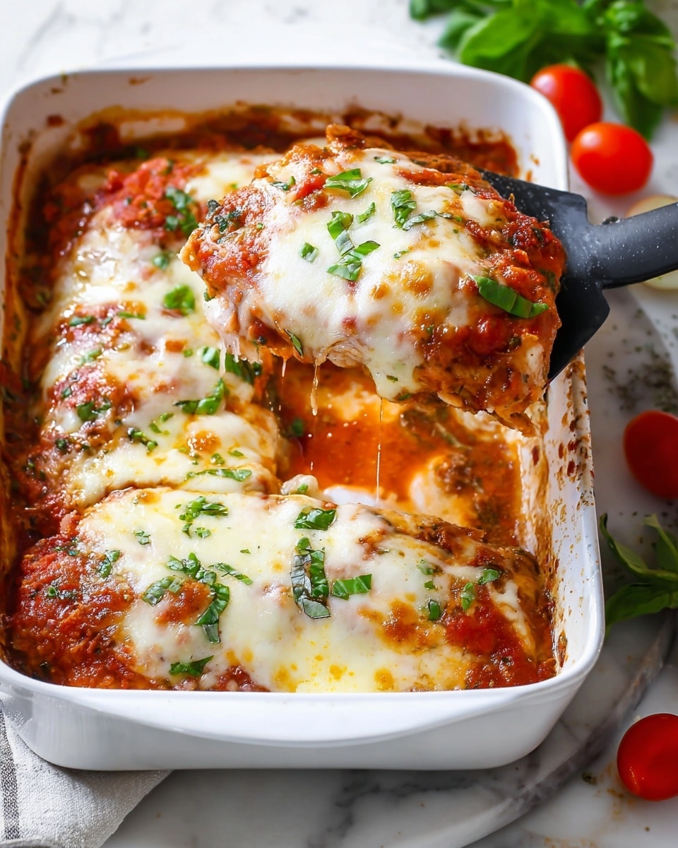 The dish is a baked casserole in a white rectangular baking dish, showing two large portions topped with a golden-brown, melted cheese layer that has bubbly and slightly crispy edges. Beneath the cheese, a rich red tomato sauce is visible with some chunks of tomatoes, and the top is sprinkled with fresh, chopped green basil leaves, adding color contrast. The texture of the cheese looks creamy and stringy, while the sauce appears thick and savory. One portion is being lifted by a black spatula, revealing layers of white melted cheese and tomato sauce over tender pieces of chicken or similar protein, all set on a white marbled surface with some cherry tomatoes and herbs scattered around. Photo taken with an iphone --ar 4:5 --v 7