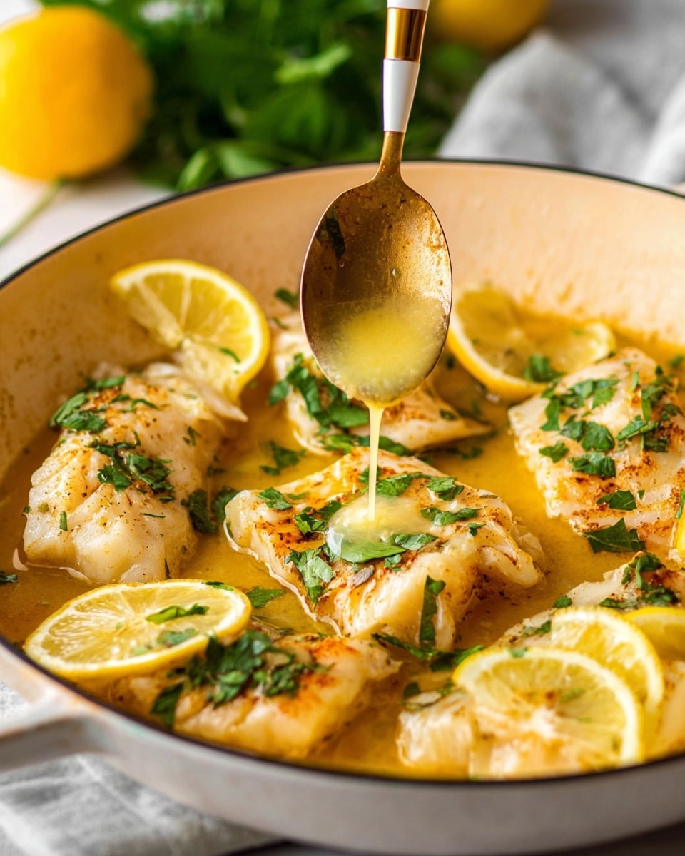 The image shows a white pan filled with several pieces of cooked fish that have a light golden-brown color with a soft texture. The fish pieces are spread out and topped with chopped green herbs, likely cilantro or parsley, giving a fresh green contrast. Bright yellow lemon wedges are placed around the fish, adding a vibrant color and freshness to the dish. A spoon with a white and gold handle is drizzling a light yellow, creamy sauce over one piece of fish, making the sauce appear rich and smooth. The pan is on a white marbled surface with a blurred lemon in the background. photo taken with an iphone --ar 4:5 --v 7