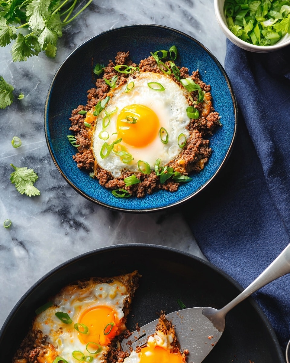 The image shows a dish with two visible layers, served in a deep blue bowl placed on a dark white marbled surface. The bottom layer is crumbled cooked ground meat, brown in color and coarse in texture, spread evenly in a circular shape. On top of this layer sits a perfectly cooked sunny-side-up egg with a bright yellow yolk and white edges, positioned at the center, with a few slices of fresh green onions scattered around the yolk. Below the bowl, there is a black pan with a slice taken out, revealing more of the same two layers: brown ground meat on the bottom and a layer of cooked eggs with bright yellow yolks and white edges, topped with chopped green onions. A metal spatula rests inside the pan. Fresh green herbs in a white bowl are in the background on the white marbled surface. Photo taken with an iphone --ar 4:5 --v 7