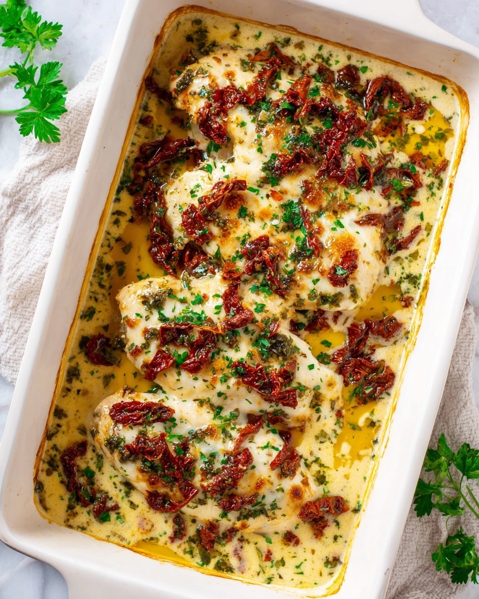 A white rectangular baking dish filled with baked chicken breasts covered in a creamy sauce with melted cheese melted cheese and sun-dried tomatoes scattered on top. The dish is garnished with chopped green parsley. The creamy sauce surrounding the chicken is light yellow with some oil droplets, and the chicken pieces are arranged closely in the dish. The overall colors are white, yellow, brown, and green, resting on a white marbled surface with some parsley leaves scattered nearby. photo taken with an iphone --ar 4:5 --v 7
