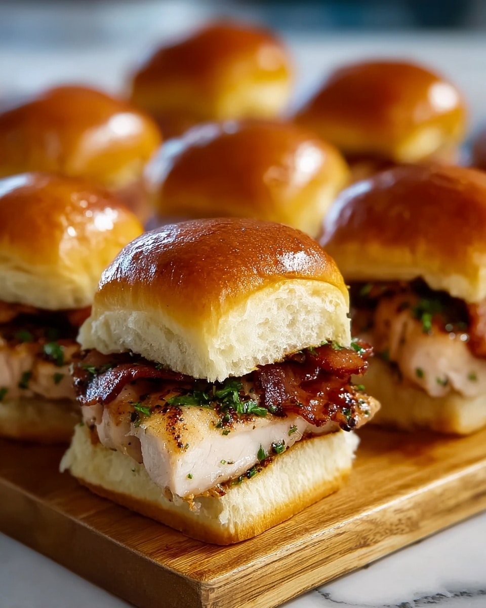 The image shows several small sliders on a wooden board, each with three layers. The bottom layer is a soft, light beige bun with a fluffy texture. Above that is a juicy, thick piece of grilled chicken breast, lightly seasoned with herbs and visible grill marks. On top of the chicken are crispy, reddish-brown strips of bacon adding texture and color. Finally, the sliders are topped with shiny, golden-brown buns that have a smooth, glossy surface reflecting light. The background is softly blurred, highlighting the sliders, and the surface beneath is a white marbled texture. photo taken with an iphone --ar 4:5 --v 7