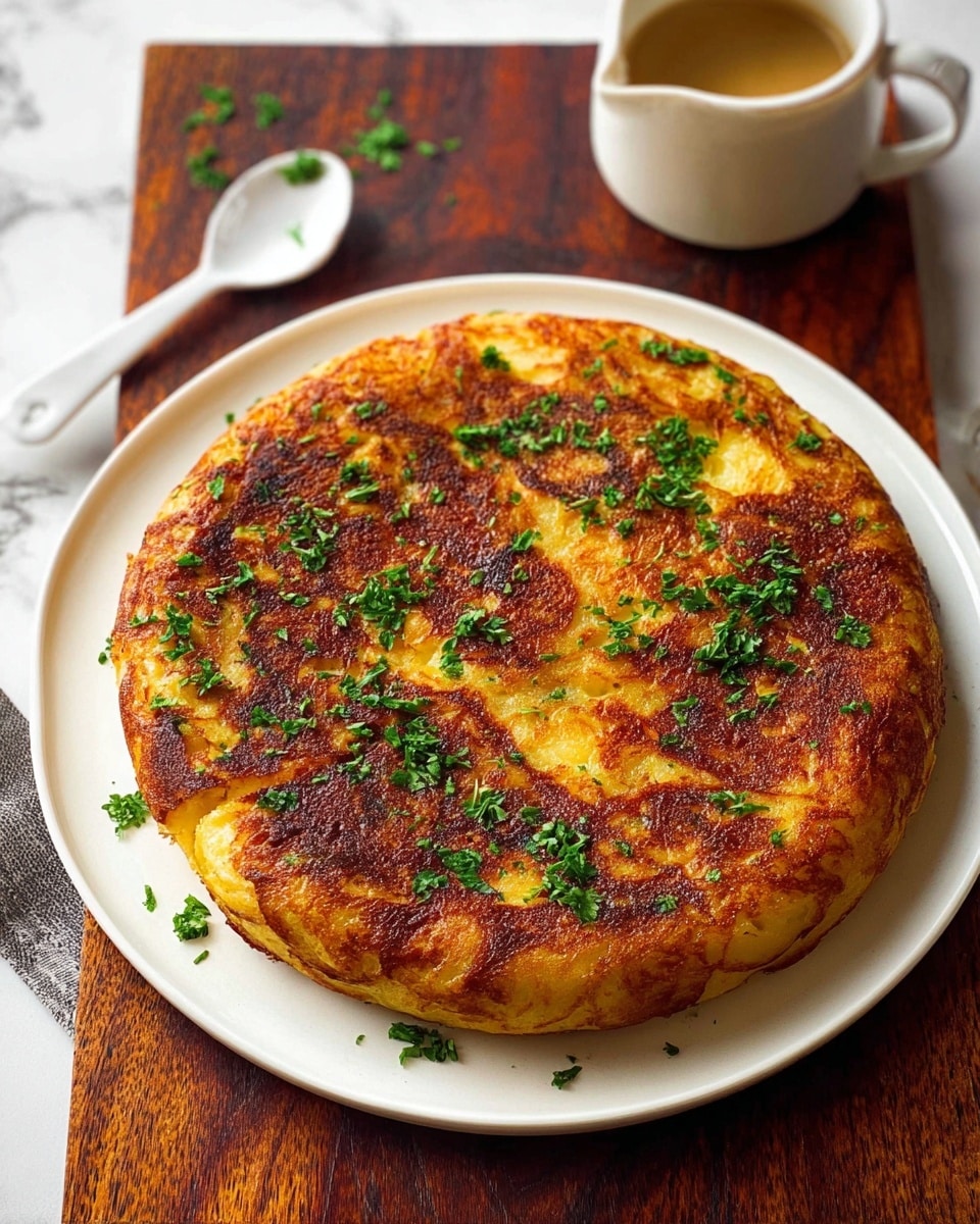 A round, golden-brown Spanish tortilla sits on a white plate, showing a thick, slightly crispy surface with a few darker spots where it has browned more. The tortilla looks dense, with visible layers of cooked eggs and thin potato slices inside. Fresh green chopped parsley is sprinkled evenly over the top, adding a bright pop of color. The plate rests on a dark wooden board, with a white marbled texture seen around the edges of the board. A white cup filled with a light-colored sauce is placed to the side along with a white spoon. photo taken with an iphone --ar 4:5 --v 7