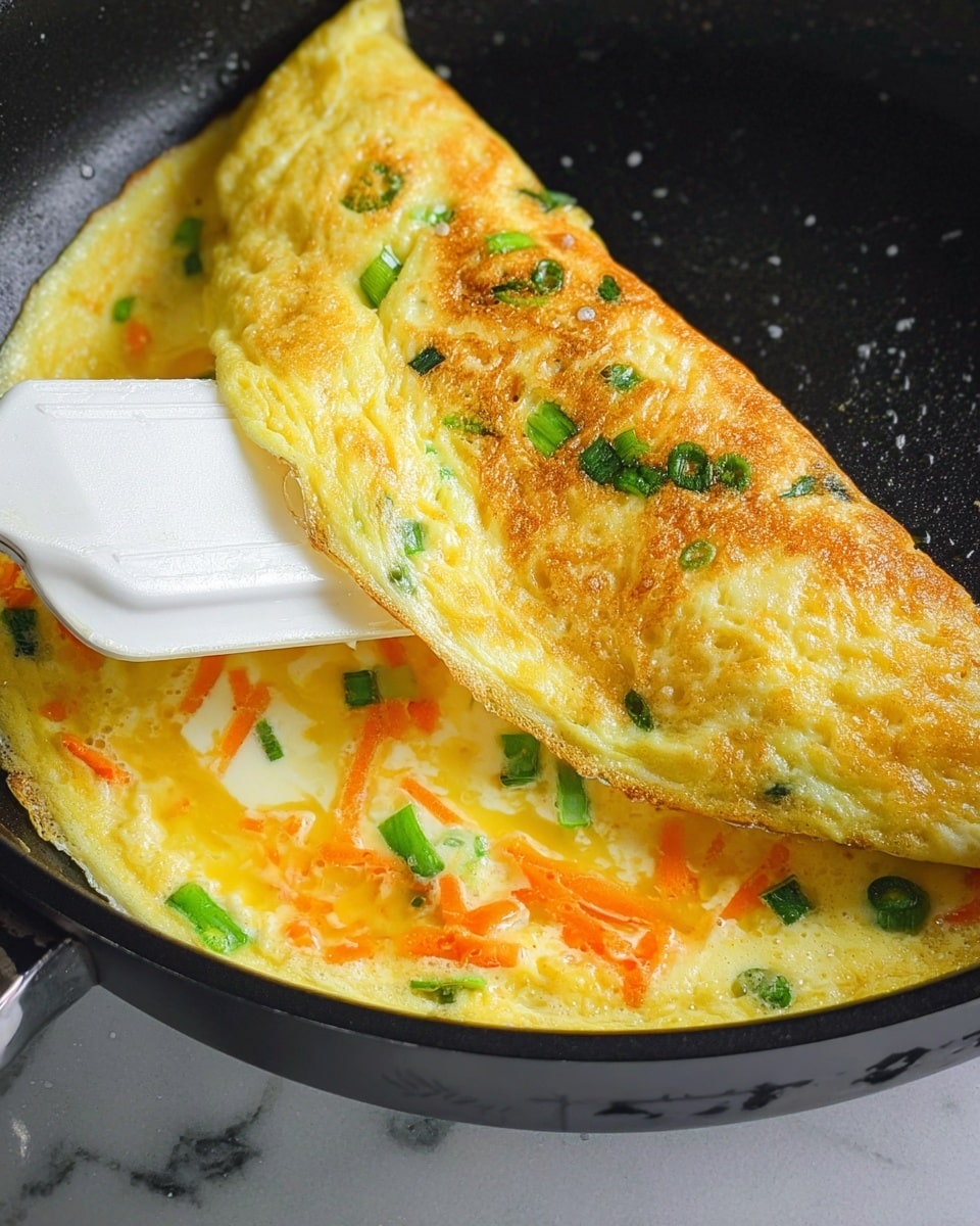 The image shows a close-up of an omelette cooking in a black pan on a white marbled surface. The omelette has two visible layers: the bottom layer is still soft and runny with bright yellow egg, orange carrot strips, and green onion slices scattered throughout. The top layer is folded over, showing a golden-brown cooked exterior with some green onion pieces visible inside. A white spatula is gently lifting the folded part of the omelette from the pan. photo taken with an iphone --ar 4:5 --v 7