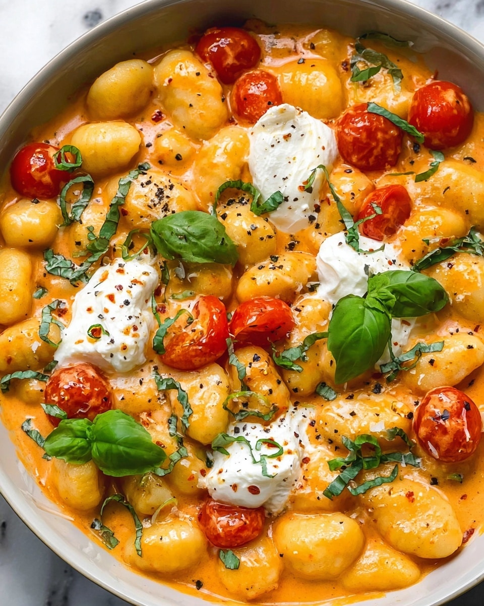 This image shows a close-up of creamy gnocchi in a white bowl, with soft, plump gnocchi coated in an orange-tinted creamy sauce. Scattered throughout the dish are bright red cherry tomatoes that add bursts of color. Dollops of white ricotta or cream cheese sit on top of the gnocchi, sprinkled with black pepper and thin strips of fresh green basil leaves. The sauce is rich and smooth, lightly pooling at the bottom, contrasting with the gnocchi's soft texture, while the basil leaves add a fresh, leafy touch. The bowl is placed on a surface with a white marbled texture. photo taken with an iphone --ar 4:5 --v 7