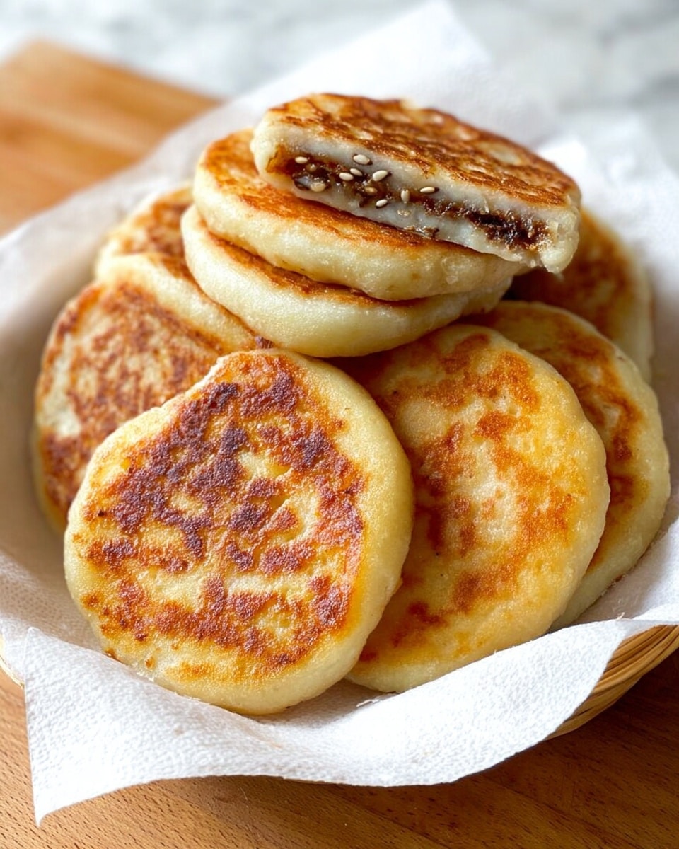 A white paper-lined basket holds several round, golden brown Korean pancakes with a crispy, slightly oily surface. Each pancake is thick, with a light golden edge and a well-cooked center, showing a toasted texture that looks crunchy. Two of the pancakes are cut in half and stacked to reveal a dark brown filling speckled with light-colored seeds inside. The background is a white marbled textured table with a wooden cutting board barely visible below it. Photo taken with an iphone --ar 4:5 --v 7