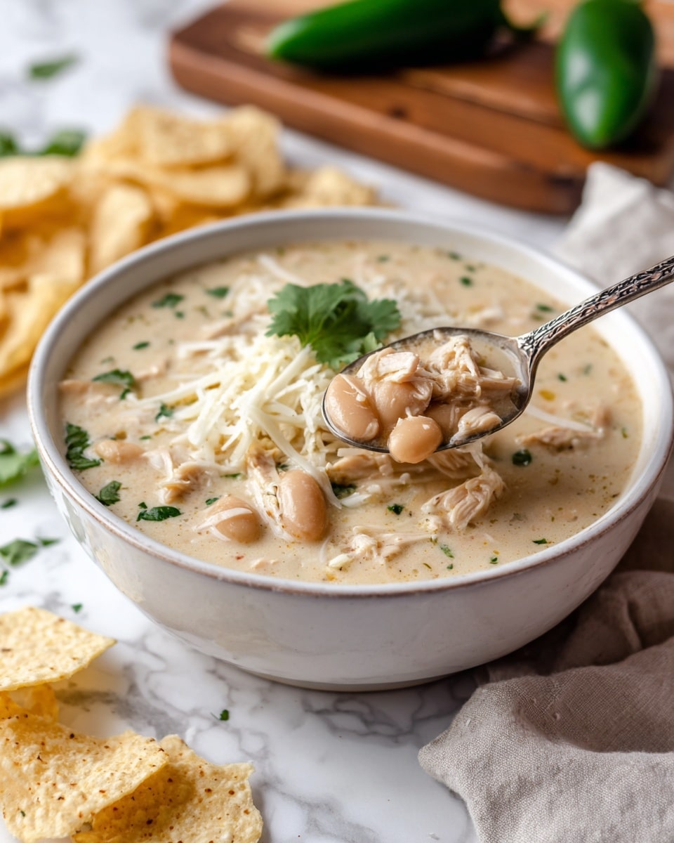 A white bowl filled with creamy white chicken chili, showing tender white chicken pieces and white beans in a thick, smooth sauce. The chili is garnished with a few fresh green cilantro leaves on top and shredded white cheese melting into the soup. A spoon is in the bowl, holding a scoop of chili with some melted cheese. Around the bowl, white tortilla chips are scattered on a white marbled surface, with a wooden board and a green jalapeño pepper in the background. photo taken with an iphone --ar 4:5 --v 7