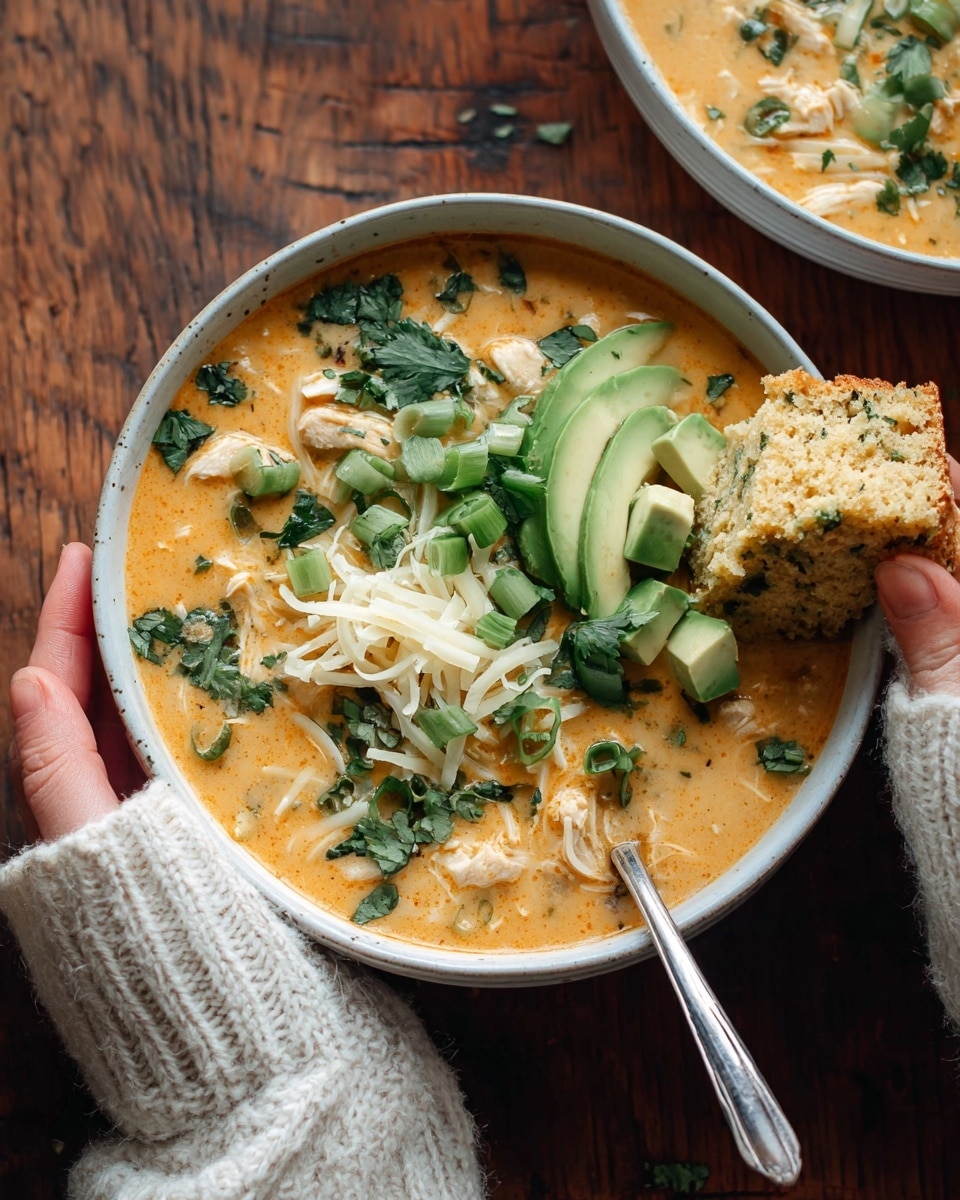 A white bowl filled with a creamy orange soup containing small chunks of chicken and beans, topped with several layers: pale yellow shredded cheese near the center, bright green diced avocado pieces scattered, finely chopped dark green cilantro covering part of the top, and thinly sliced light green spring onions piled on one side. A silver spoon rests inside the bowl, and a woman's hand in a soft, cream-colored knitted sweater holds the bowl from below while another woman's hand holds a piece of thick, dense cornbread with visible crumbs sprinkled around. The setting is on a dark brown wooden surface. photo taken with an iphone --ar 4:5 --v 7