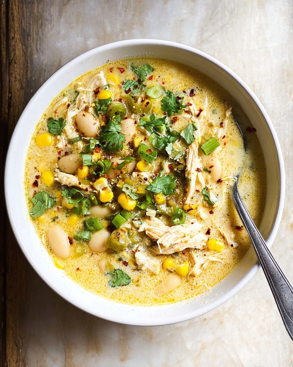 A white bowl filled with creamy soup that has a light yellow color with swirls of cream. The soup contains a mixture of shredded chicken, white beans, and yellow corn kernels, all mixed evenly throughout. On top, there are chopped green onions and fresh green cilantro leaves scattered, adding a pop of bright green color. The soup surface is lightly sprinkled with black pepper and red chili flakes. A silver spoon rests inside the bowl on the right side. The bowl sits on a white marbled textured surface. photo taken with an iphone --ar 4:5 --v 7