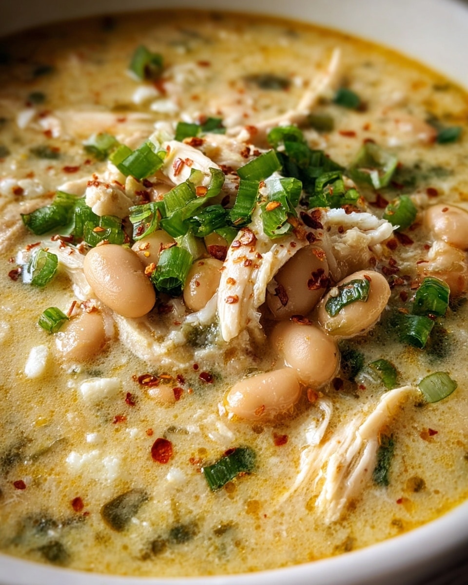 A close-up view of a bowl of creamy chicken and bean soup shows multiple layers and textures in a white bowl. The soup has a light yellow creamy broth with herbs and small bits floating throughout. On top, there are chunks of shredded white chicken mixed with white beans, adding beige and light brown tones. The surface is garnished with finely chopped bright green onions and a sprinkle of crushed red pepper flakes, adding colorful details. The whole dish looks warm and hearty, with a slightly oily sheen on the broth, all resting on a white marbled texture. photo taken with an iphone --ar 4:5 --v 7