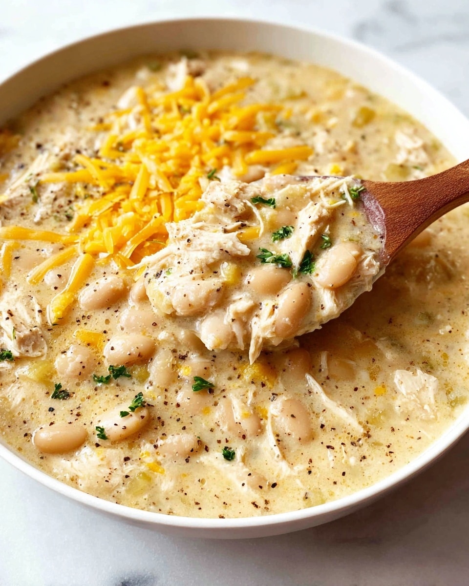 A white bowl filled with a creamy soup that has a thick texture, bursting with chunks of white beans and shredded chicken mixed evenly throughout. The soup is topped with bright yellow shredded cheese melted slightly on the surface and small green herb pieces scattered for garnish. A wooden spoon lifts a portion of the soup, showing a rich blend of the creamy base, beans, chicken, and cheese. The soup's surface has a light sprinkle of black pepper, all set on a white marbled texture. photo taken with an iphone --ar 4:5 --v 7