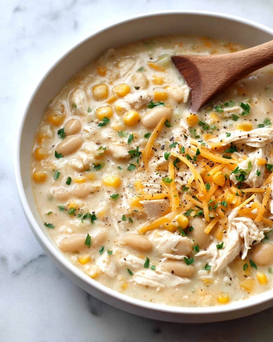 A close-up of a white bowl filled with creamy chicken soup showing three main layers: a thick creamy base with white beans and corn, shredded white chicken pieces scattered throughout, and small bits of shredded orange cheese sprinkled on top, all garnished with chopped green herbs and a light sprinkle of black pepper. A wooden spoon rests inside the bowl on the right side against the soup, with its handle extending out of the bowl. The bowl is set on a white marbled surface. photo taken with an iphone --ar 4:5 --v 7