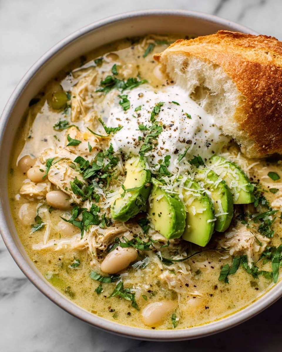 A white bowl filled with a creamy soup that has a pale greenish-yellow color and chunky texture from white beans and shredded chicken throughout. On top, there are several slices of bright green avocado arranged in a small cluster, a dollop of white sour cream sprinkled with black pepper, and scattered chopped green herbs. Some grated white cheese is also sprinkled on the soup. A piece of crusty golden-brown bread leans on one edge of the bowl. The bowl sits on a white marbled surface. Photo taken with an iphone --ar 4:5 --v 7