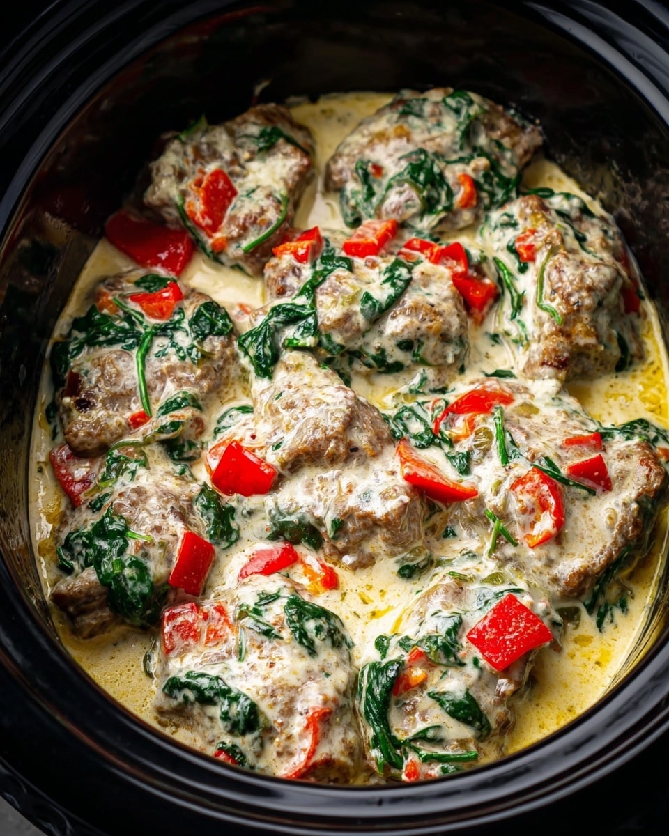A close-up view of a dish in a black round cooker filled with several pieces of cooked meat covered with creamy white sauce mixed with small pieces of bright red bell pepper and dark green spinach leaves. The sauce looks rich and smooth, spreading over the meat and pooling a little at the bottom with a light yellow tint, while the spinach and bell pepper pieces add pops of lively colors on top. The meat pieces are arranged tightly together, showing some texture on their edges under the sauce. photo taken with an iphone --ar 4:5 --v 7