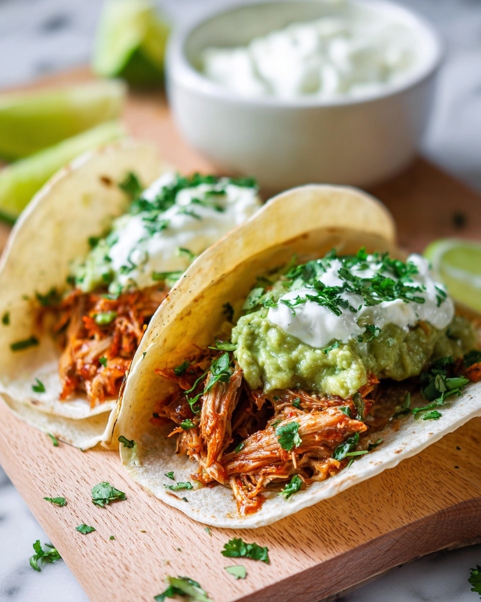 A soft white tortilla is open flat, showing three main layers inside: shredded orange-brown cooked chicken at the bottom, topped with a bright green chunky guacamole layer in the middle, and white creamy sour cream on top. The layers are sprinkled with small bits of white cheese and fresh chopped green cilantro leaves. At the edge, a wedge of fresh light green lime rests on the tortilla. The dish lies on a white marbled surface, with some blurred green herbs in the background. Photo taken with an iphone --ar 4:5 --v 7