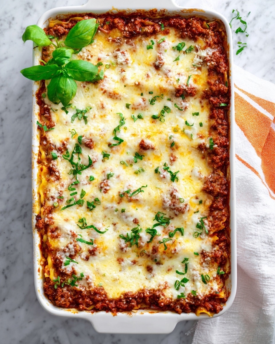 A rectangular white ceramic dish filled with baked lasagna sits on a white marbled textured surface. The lasagna has multiple visible layers: a bottom layer of rich red tomato sauce mixed with browned ground meat, a middle layer of pale yellow pasta sheets, and a top layer covered with melted white cheese that is slightly browned and bubbly. Flecks of finely chopped green herbs are sprinkled across the cheese layer, with a few larger bright green basil leaves placed on top as garnish. The edges show some cooked sauce slightly spilling over the side. A white cloth with an orange stripe peeks from the top right corner of the frame. Photo taken with an iphone --ar 4:5 --v 7