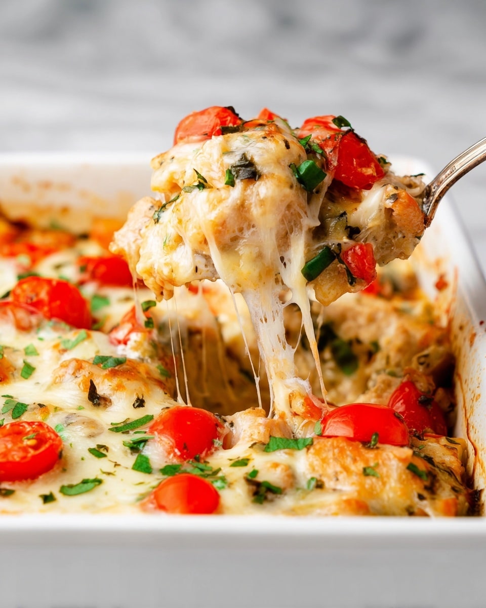 The image shows a close-up of a spoon lifting a scoop of a cheesy baked dish from a white container placed on a white marbled texture. The dish has multiple visible layers: the base contains soft chicken pieces with a slightly browned texture, covered by a layer of melted, gooey white cheese stretching from the main dish to the spoon. On top and mixed in are bright red cherry tomato halves and small diced green peppers, along with chopped fresh green herbs scattered across the surface. The top layer glistens with melted cheese and colorful vegetable pieces, making the whole dish look creamy and fresh. Photo taken with an iphone --ar 4:5 --v 7