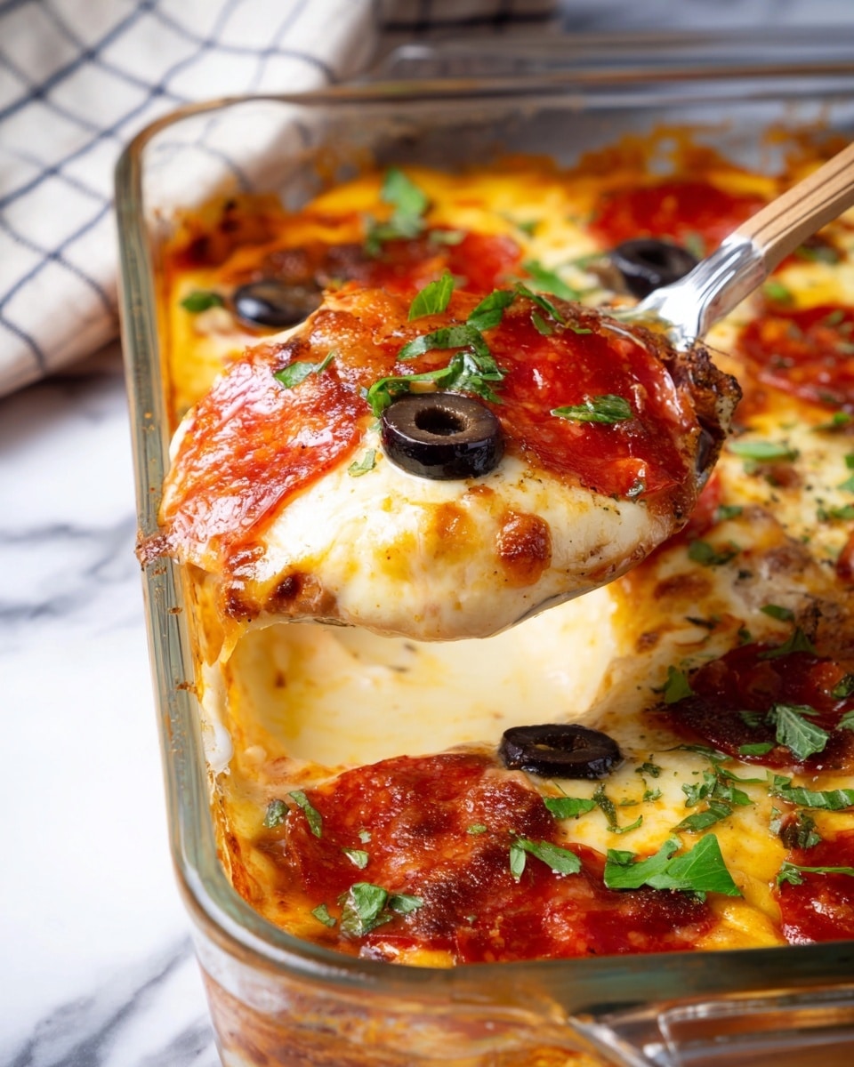 The image shows a baked dish in a clear glass tray with three visible layers: the bottom layer is a creamy, lightly browned sauce mixed with herbs; the middle layer consists of melted, gooey light yellow cheese with some slight browning; the top layer is covered by reddish slices of pepperoni with a few dark black olive pieces and fresh green herbs sprinkled over everything. A shiny silver spoon lifts a cheesy portion topped with a sliced olive from the dish. The tray is placed on a white marbled surface with a cloth in the background. photo taken with an iphone --ar 4:5 --v 7