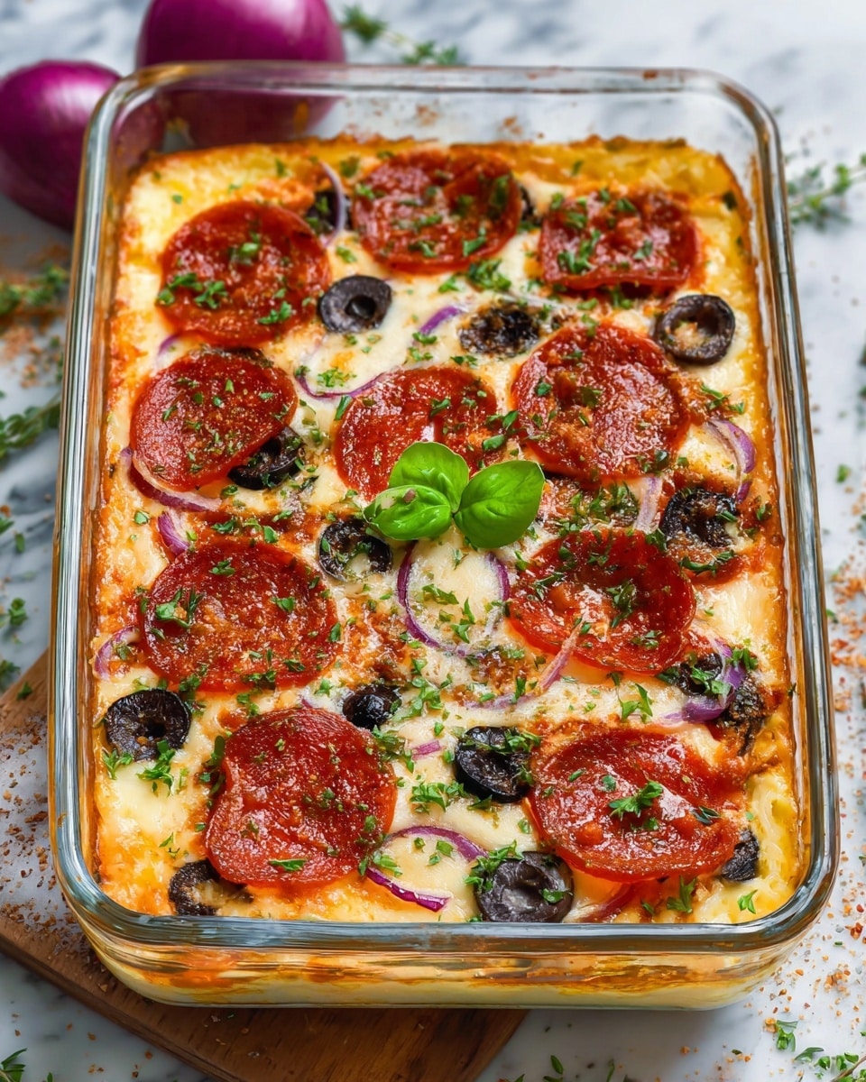 A baked dish in a clear glass rectangular container, showing several layers: the bottom layer is a creamy, light yellow sauce, topped with melted white cheese covering the whole surface. On top of the cheese are thin reddish-brown slices of pepperoni arranged evenly, with scattered small black olives and slices of red onion visible beneath the cheese. Fresh green chopped herbs are sprinkled over everything, with a couple of bright green small leaves placed in the center. The container is set on a white marbled textured surface with some sea salt crystals and herbs scattered around. Photo taken with an iphone --ar 4:5 --v 7
