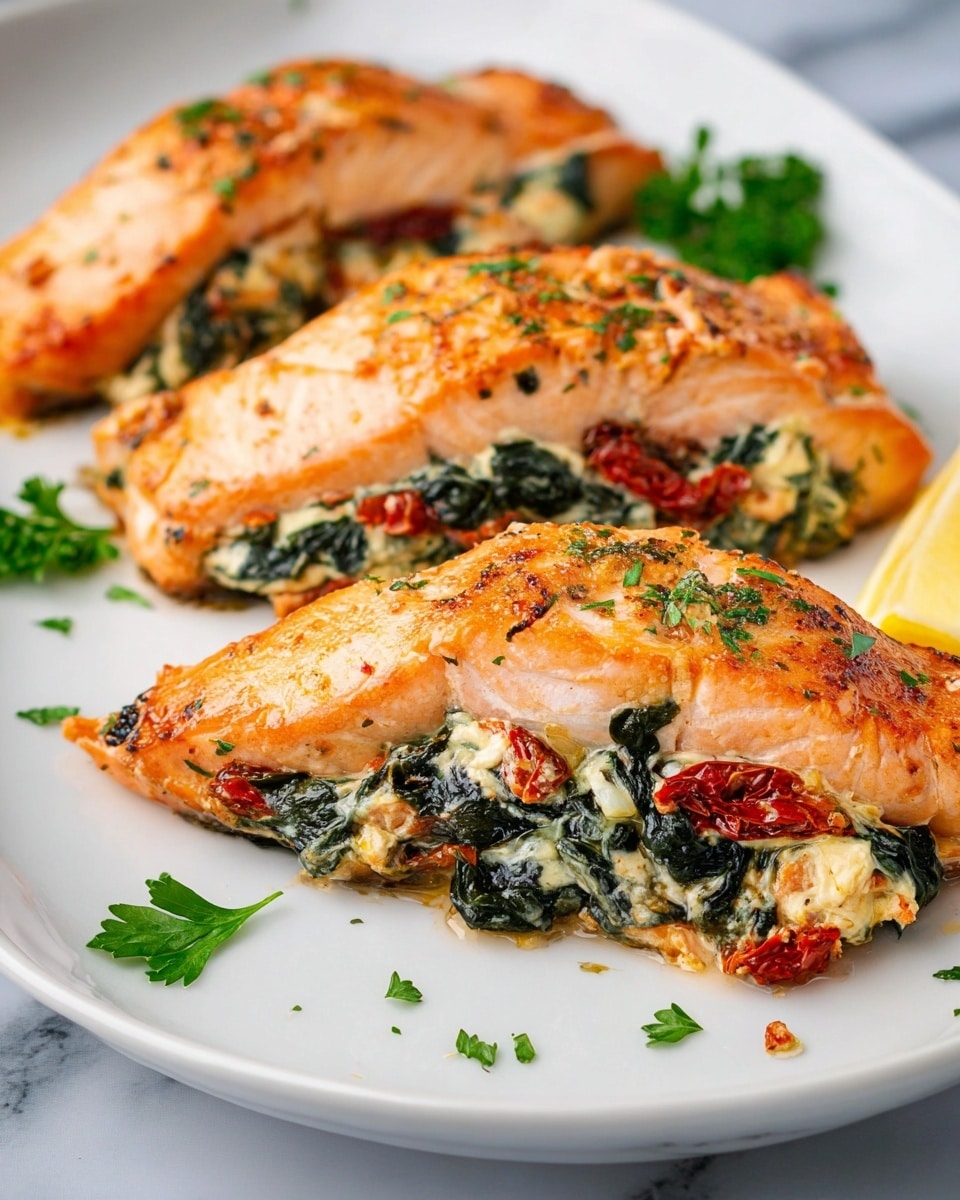 The image shows three pieces of salmon fillets on a white plate, each fillet split open and stuffed with a creamy filling mixed with dark green leafy spinach and bright red sun-dried tomatoes. The salmon skin side is down, and the light orange color of the cooked salmon contrasts with the rich colors of the stuffing. There are a few sprigs of fresh green parsley scattered around the plate, and a small yellow lemon wedge is visible near the edge. The surface beneath the plate has a white marbled texture. Photo taken with an iphone --ar 4:5 --v 7