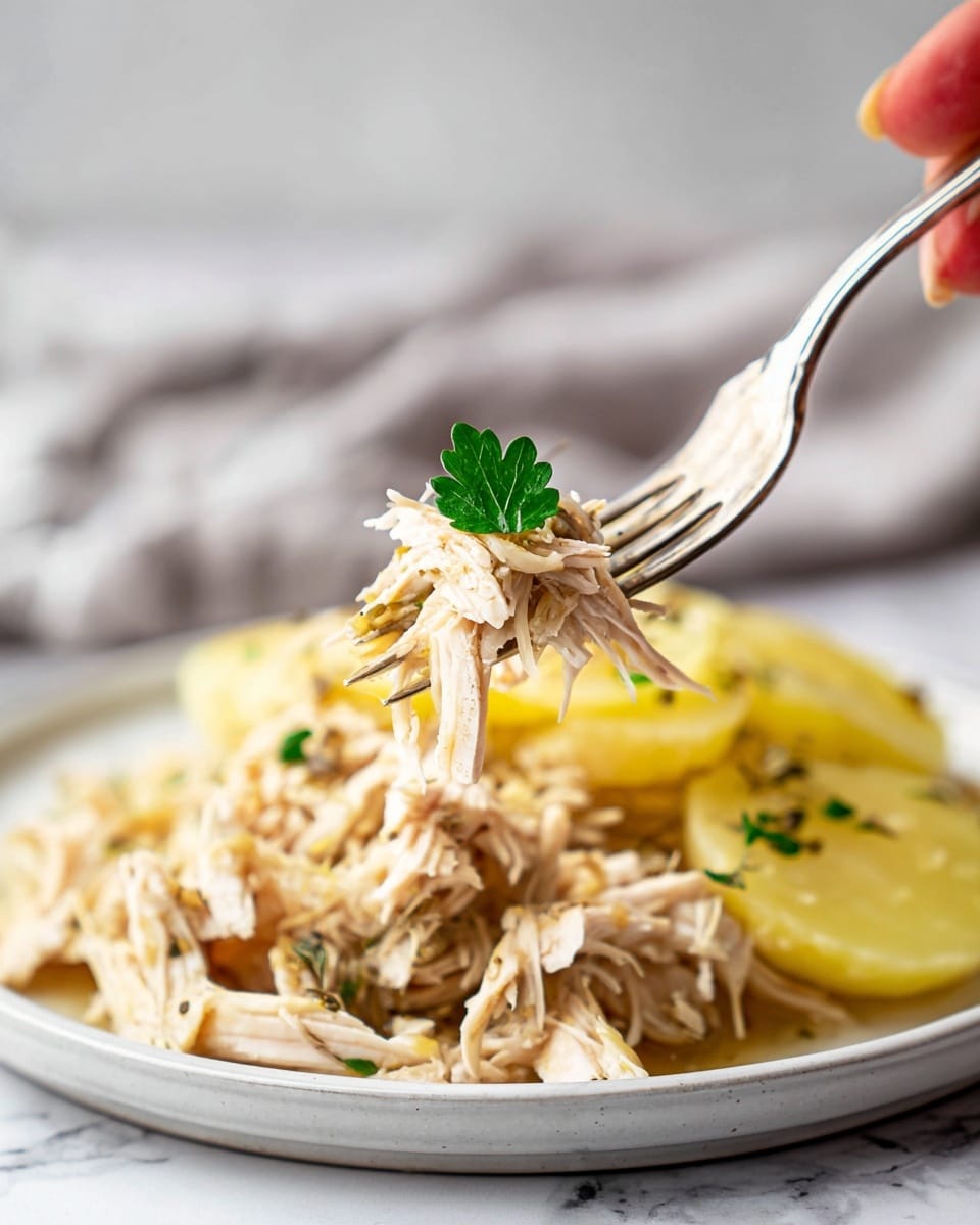 The image shows white shredded chicken with small green herb pieces spread throughout, forming a loose pile on a white plate. Behind the chicken, there is a layer of pale yellow sliced potatoes with small green herb bits scattered on top. A silver fork, held by a woman's hand, lifts a small clump of the shredded chicken with a single green herb leaf on top. The plate sits on a white marbled surface with a blurred light gray cloth in the background. The colors are soft, and the textures include the fibrous chicken and smooth potato slices. photo taken with an iphone --ar 4:5 --v 7