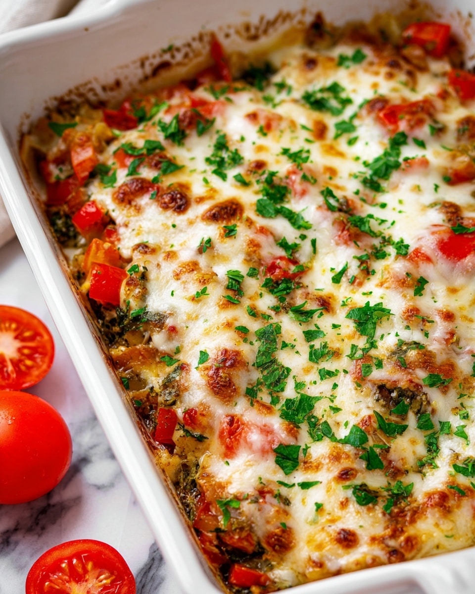 A close-up of a baked dish in a white rectangular ceramic pan showing two layers. The bottom layer is made of small chopped vegetables including red tomatoes, green herbs, and what looks like cooked chicken pieces in a light sauce. The top layer is covered in melted white cheese with browned browned spots and is sprinkled lightly with finely chopped green herbs. The dish has a fresh, colorful look with red, green, and creamy white tones, giving it a rich and warm feeling. The pan is placed on a white marbled surface with halves of fresh tomatoes nearby. Photo taken with an iphone --ar 4:5 --v 7
