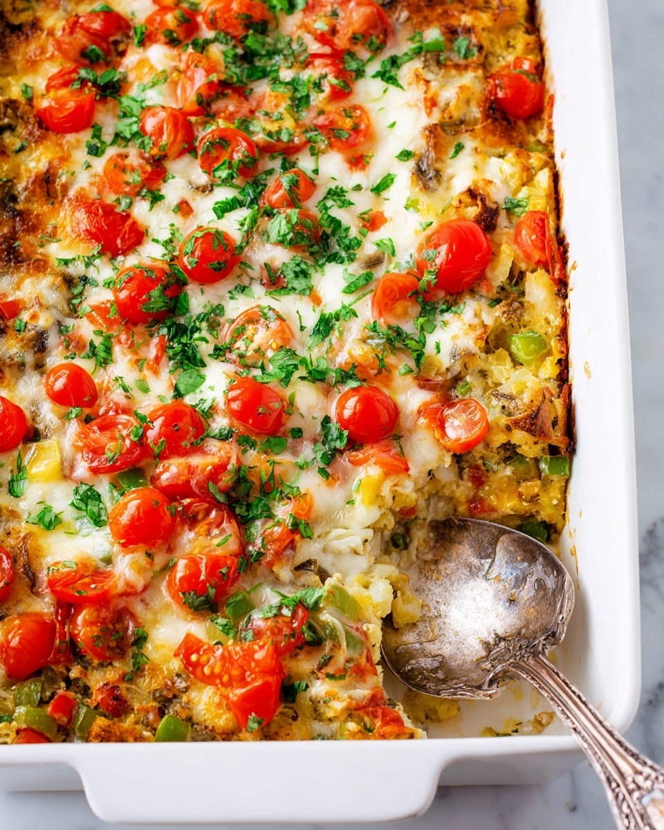 The image shows a white baking dish filled with a colorful baked casserole that has three main visible layers. The bottom layer is a mix of diced vegetables with small pieces of green and red peppers, partly covered by the middle layer of melted cheese that is white and slightly golden brown in some areas. The top layer includes bright red cherry tomato halves and scattered fresh chopped green herbs, giving a fresh look. A silver spoon with intricate designs is placed on the right side, partially inside the dish, resting on the white marbled surface below. photo taken with an iphone --ar 4:5 --v 7