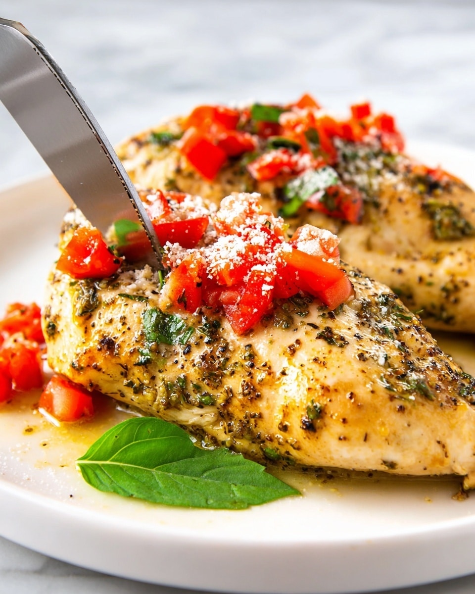 A white speckled plate holds a serving of white rice on the upper right side with a few small red diced pieces mixed in, alongside a single chicken breast on the left side. The chicken is seasoned with herbs, showing a light brown and greenish texture, topped with bright red diced tomatoes and a light sprinkle of white grated cheese. Fresh green basil leaves are placed around the chicken and rice on the plate. The scene is set on a white marbled surface. photo taken with an iphone --ar 4:5 --v 7