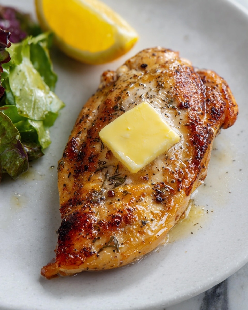 A single grilled chicken breast with a golden-brown, slightly charred surface sits on a white plate. The chicken is seasoned with small bits of black pepper and herbs visible on its textured surface. A thick square of melting yellow butter rests on the chicken, slightly softening and creating a glossy sheen. In the background on the plate, there is a bright yellow lemon wedge and a small portion of mixed salad greens with light green and dark purple leaves. The setting is on a white marbled surface. photo taken with an iphone --ar 4:5 --v 7