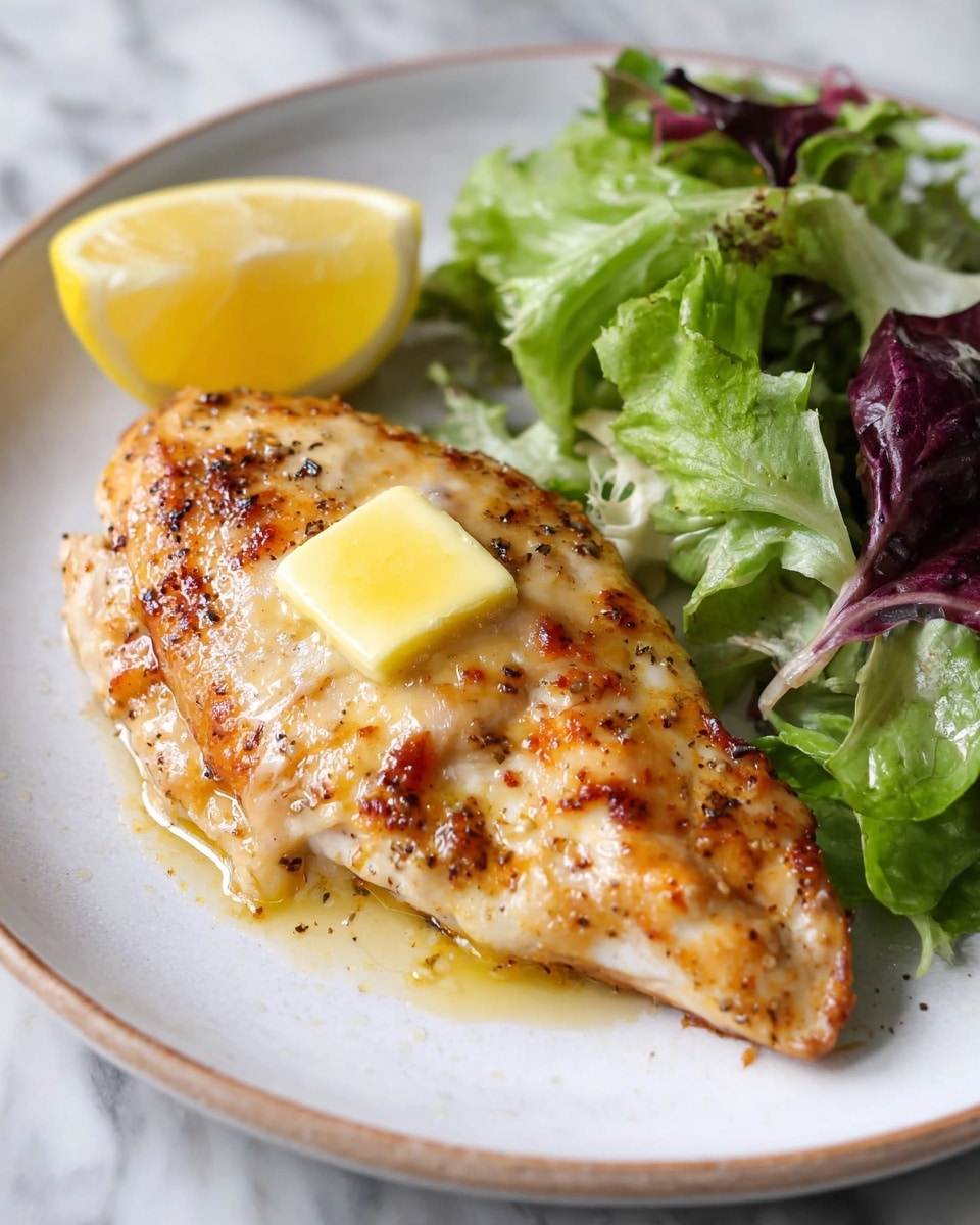 A cooked chicken breast sits in the center of a white plate, with a melting square of yellow butter on top, giving it a glossy look with browned spots from seasoning. To the top left corner of the plate, there is a bright yellow lemon wedge. On the right side of the plate, there is a fresh salad made of mixed greens, including light green frilly lettuce and darker purple leaves, adding contrast to the dish. The plate rests on a white marbled surface. Photo taken with an iphone --ar 4:5 --v 7