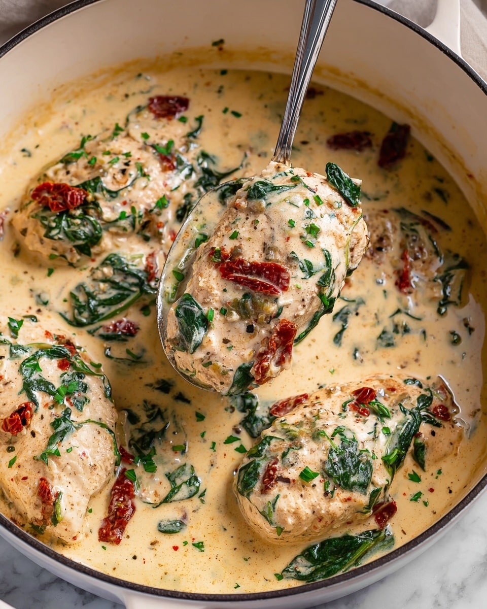 A white cast-iron pan filled with a creamy sauce that has green spinach leaves and pieces of red sun-dried tomatoes mixed in, covering four golden-brown chicken breasts seasoned with black pepper and herbs. The chicken breasts sit partially submerged in the rich, light-beige cream sauce, topped with small green parsley leaves and chopped herbs. A metal spoon with a shiny, reflective surface rests on the right side of the pan, partially dipped into the sauce. The background is a white marbled texture with some green herbs scattered around. Photo taken with an iphone --ar 4:5 --v 7