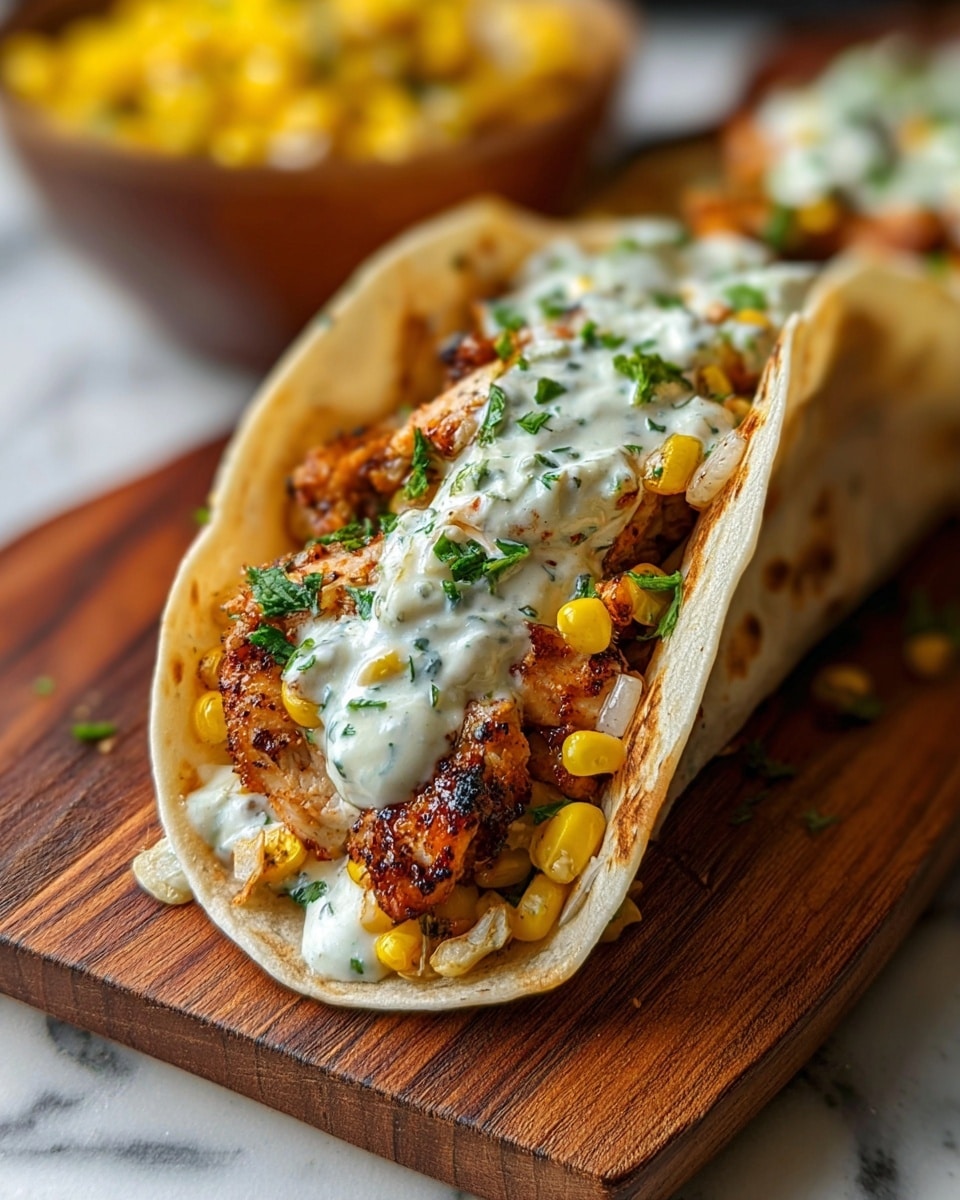 Two soft corn tortillas, slightly toasted with brown spots, each filled with several layers: at the bottom, bright yellow corn kernels peeking out; above that, large pieces of crispy golden-brown fried fish with a crunchy texture; topped with a drizzle of creamy white sauce speckled with green herbs and small fresh green leaves scattered on top. The tacos are held upright in a metal taco holder by a woman's hand, all set against a white marbled surface. Photo taken with an iphone --ar 4:5 --v 7