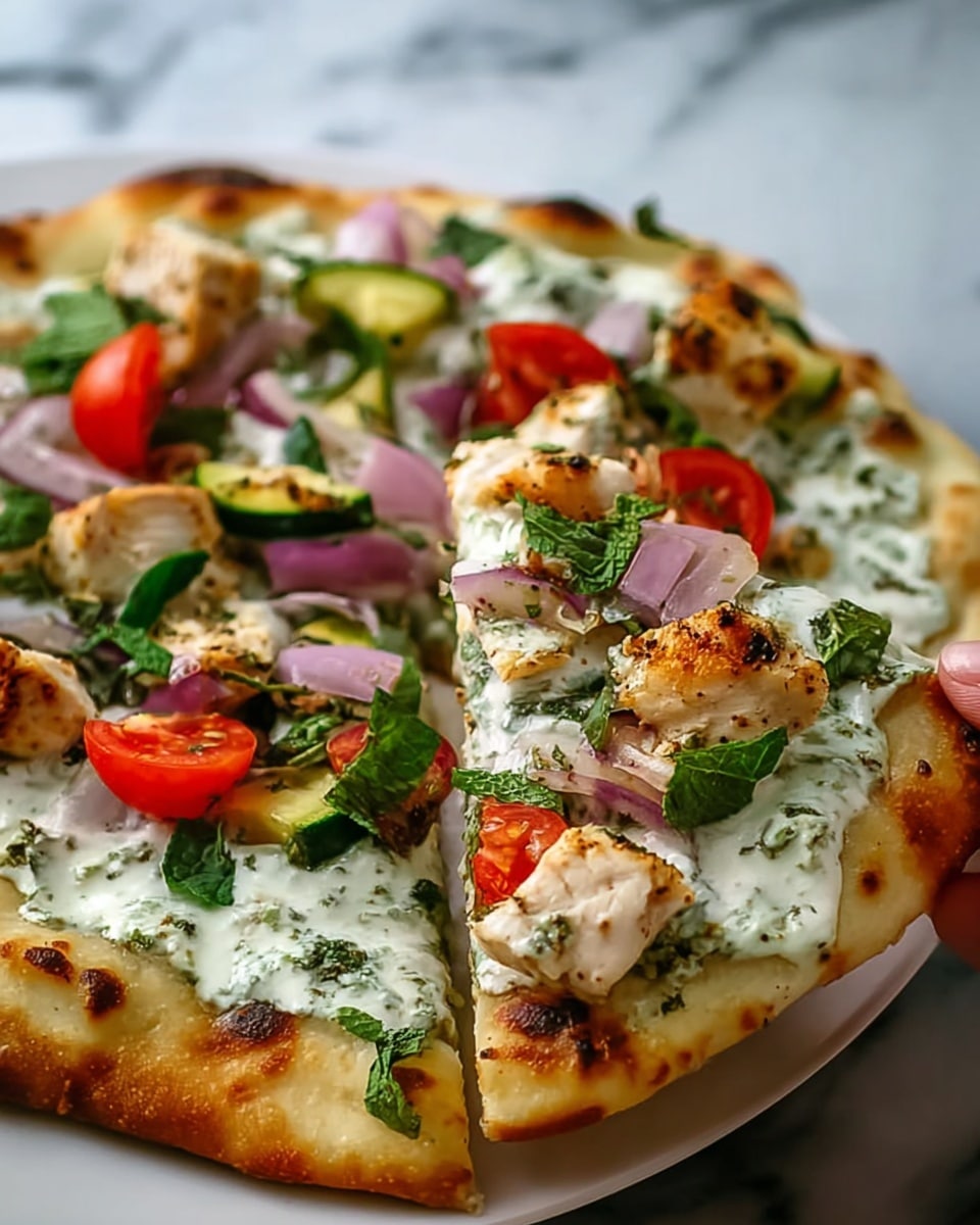 A flat round pizza with a golden-baked crust showing light brown spots on the edges, topped with a creamy white sauce mixed with green herbs spread all over the base, then scattered with thick chunks of grilled chicken with browned edges, diced green cucumber pieces, and small purple onion segments, all sitting on a wooden board with a white marbled background. photo taken with an iphone --ar 4:5 --v 7