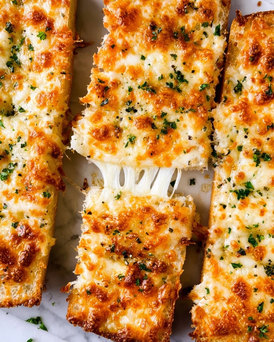 The image shows several pieces of cheesy garlic bread laid side by side on a white marbled surface. Each piece has a golden-brown crust with melted, bubbly cheese on top that is slightly browned and crisped in places. The cheese layer is thick and creamy white with a stringy texture where one piece is pulled slightly away, showing gooey melted cheese stretching between them. Small green parsley leaves are scattered evenly on top, adding a touch of fresh color. The bread underneath the cheese is light golden with a slightly crisp texture. Photo taken with an iphone --ar 4:5 --v 7