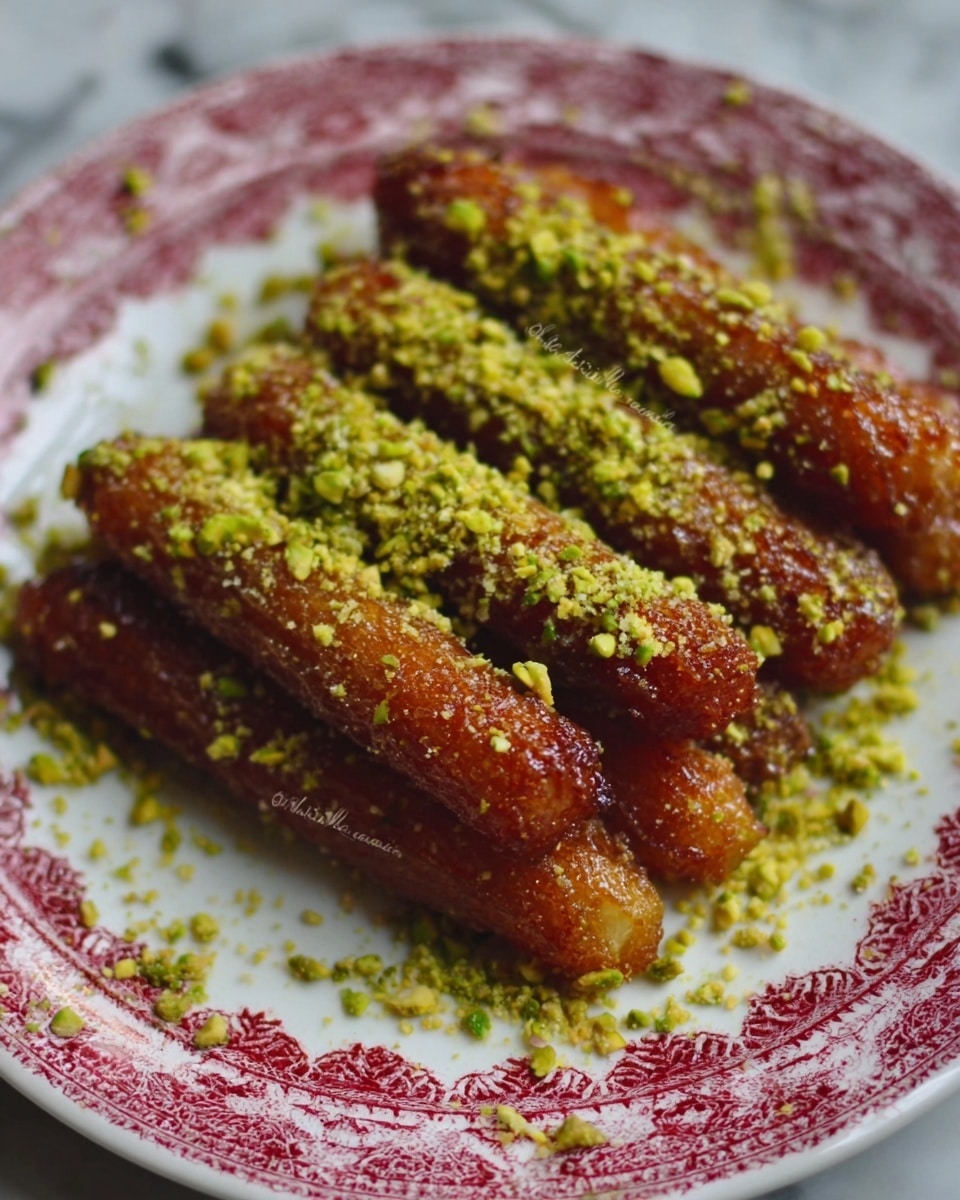 The image shows a white plate with a red floral pattern around the edge, filled with six brown, crispy, stick-shaped sweets lined up close to each other. Each sweet is coated with a crunchy texture and topped generously with bright green crushed pistachios, which also scatter lightly on the plate. The sweets have a glossy finish, suggesting they are syrup-coated and shiny. The background is a white marbled surface. photo taken with an iphone --ar 4:5 --v 7