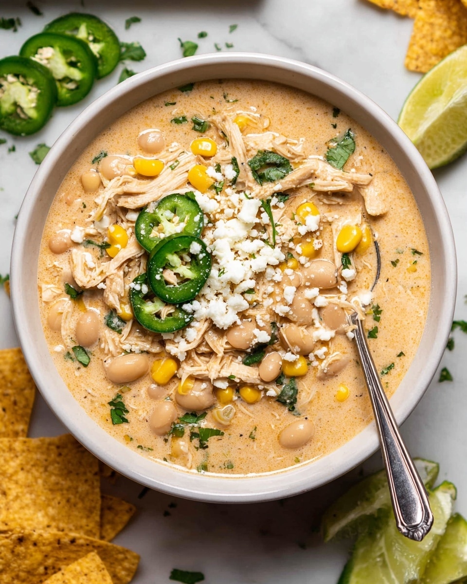 A white bowl filled with creamy chicken soup layered with shredded light brown chicken, yellow corn kernels, and light tan beans mixed in a rich beige broth. On top, there are small green jalapeño slices and fresh green herb bits scattered and a sprinkle of white cheese crumbles in the center. A silver spoon is placed inside the bowl on the right side. The bowl sits on a white marbled surface, surrounded by lime wedges, scattered tortilla chips, and more jalapeño slices, adding a fresh and colorful touch. photo taken with an iphone --ar 4:5 --v 7