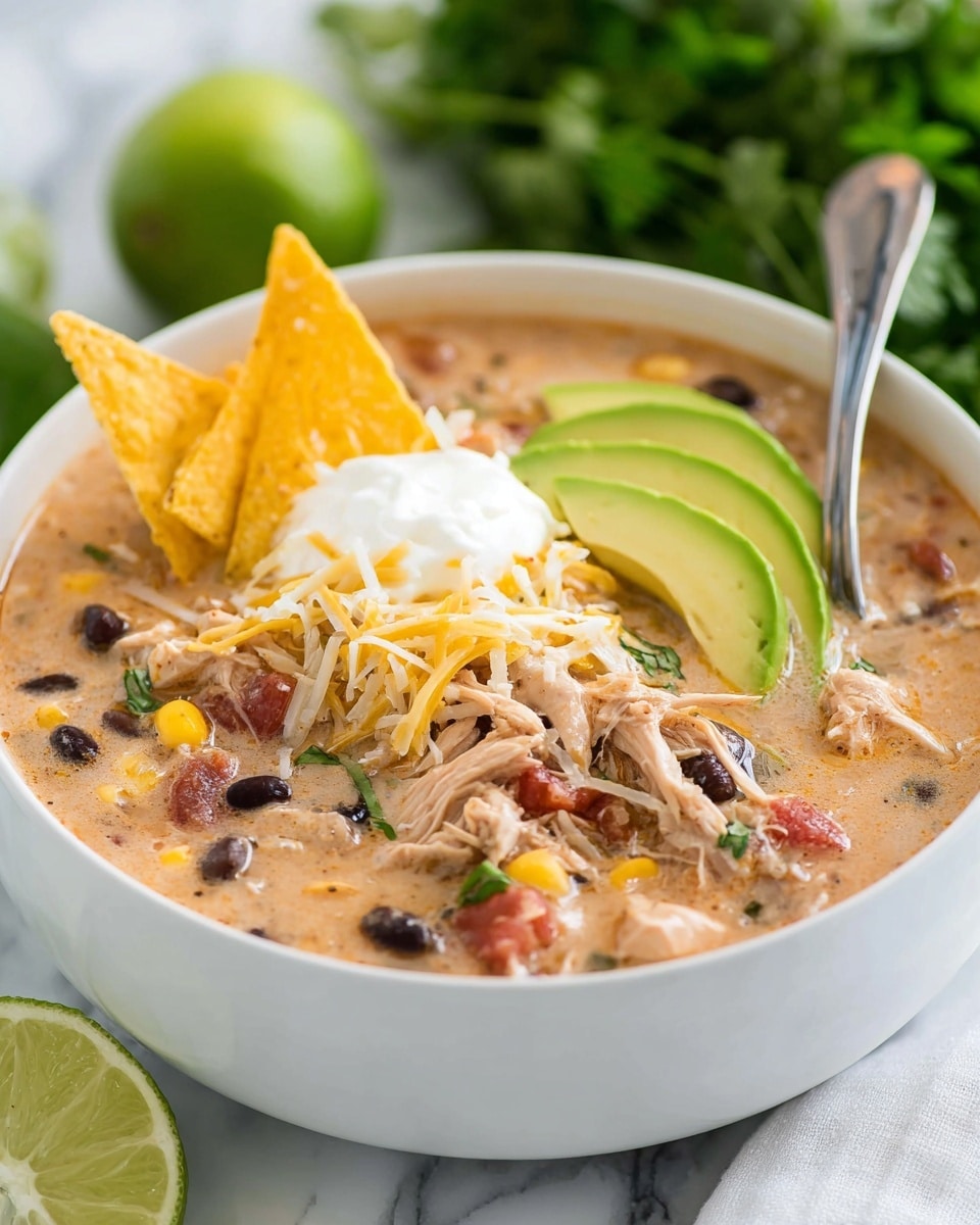 A white bowl filled with rich, creamy soup containing shredded chicken, black beans, corn, and diced tomatoes, giving it a mix of light brown, black, yellow, and red colors with a thick texture. On top, there is a sprinkle of shredded white cheese and three triangular yellowish tortilla chips standing upright. On one side, a dollop of white sour cream sits near three slices of fresh, bright green avocado. A silver spoon rests inside the bowl on the right side. The background shows blurred green lime halves and leafy herbs, all placed on a white marbled surface. Photo taken with an iphone --ar 4:5 --v 7