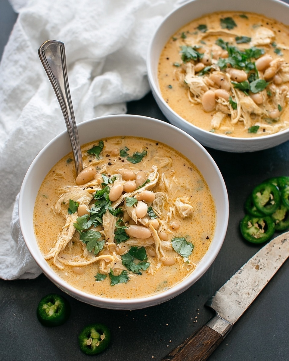 The image shows two white bowls filled with a creamy soup that has a light orange color. The soup contains shredded pieces of chicken, white beans, and some green leaves, which look like cilantro, scattered on top. The soup looks thick and has small black pepper specks on it. Each bowl has a silver spoon inside. The bowls are placed on a dark surface next to some sliced green chili peppers and a knife with a worn handle. In the background, there is a white cloth with soft folds. photo taken with an iphone --ar 4:5 --v 7