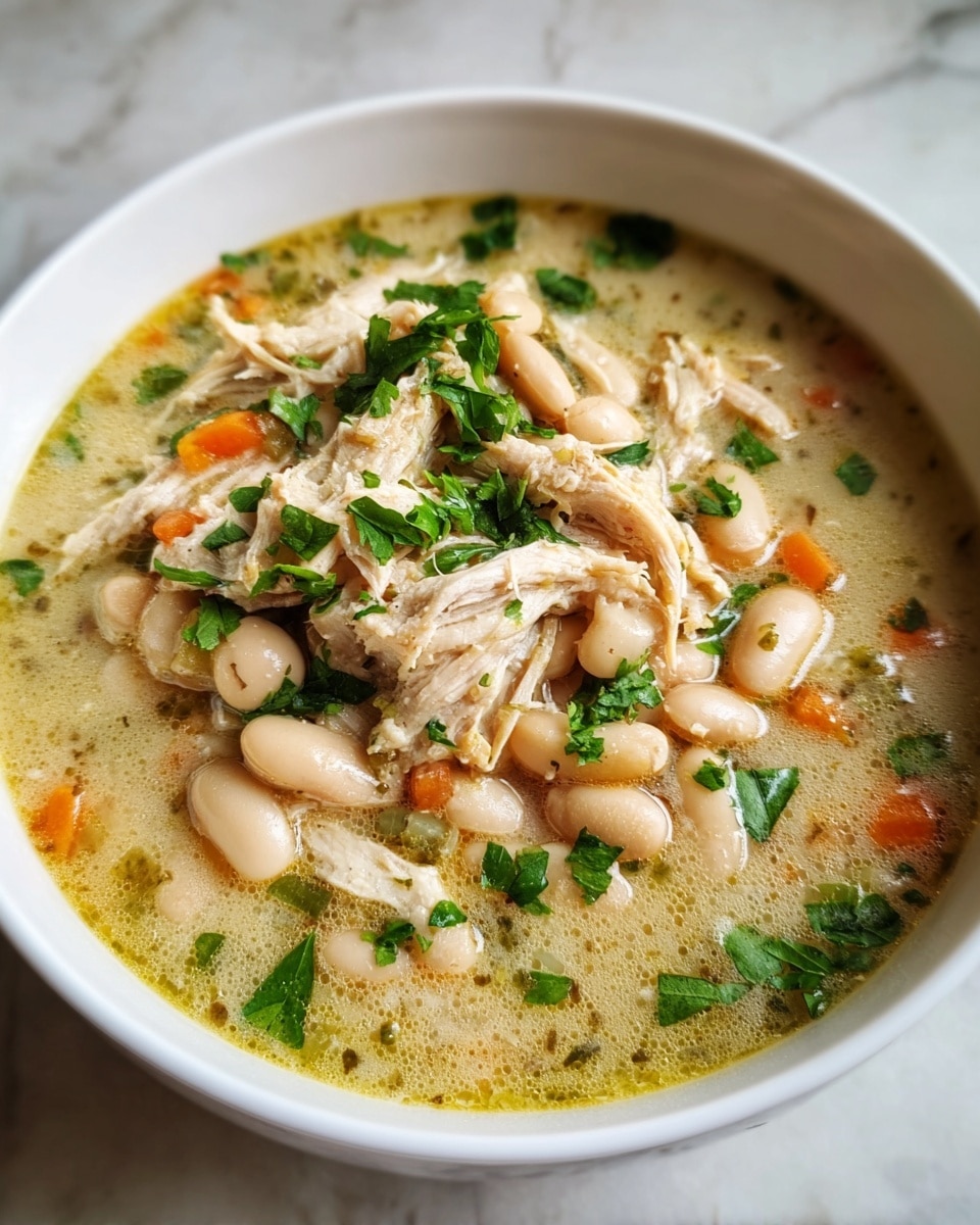 A white bowl filled with creamy chicken soup sits on a white marbled surface. The soup has three main layers: a base of light yellow creamy broth with small green and orange vegetable pieces scattered throughout, tender shredded pale chicken piled in the middle, and large white beans mixed evenly around the chicken. Bright green chopped herbs are sprinkled on top, adding fresh color and texture to the dish. photo taken with an iphone --ar 4:5 --v 7