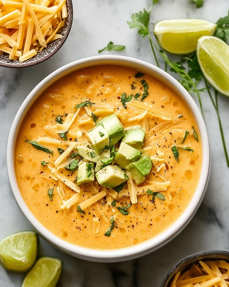 A white bowl filled with creamy orange soup that has a smooth texture and small bits visible within. On top, there are several layers of garnishes: light green avocado cubes scattered unevenly, thin strips of golden yellow cheese, and small green leafy herbs sprinkled all over. Some black pepper flakes add a speckled contrast. Around the bowl, there are a few pieces of cheese strips, lime halves, and extra avocado cubes on a white marbled surface. photo taken with an iphone --ar 4:5 --v 7