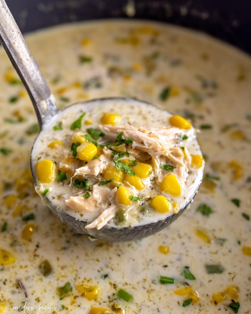 A close-up image of a thick, creamy soup served from a pot using a metal ladle. The soup has three main layers visible: a white creamy broth filling the base with small green herb bits floating throughout, bright yellow corn kernels dotting the soup, and pieces of shredded chicken mixed evenly inside. Some chopped green herbs are sprinkled on top, giving a fresh look. The background shows the soup pot slightly blurred with the same creamy soup inside. photo taken with an iphone --ar 4:5 --v 7