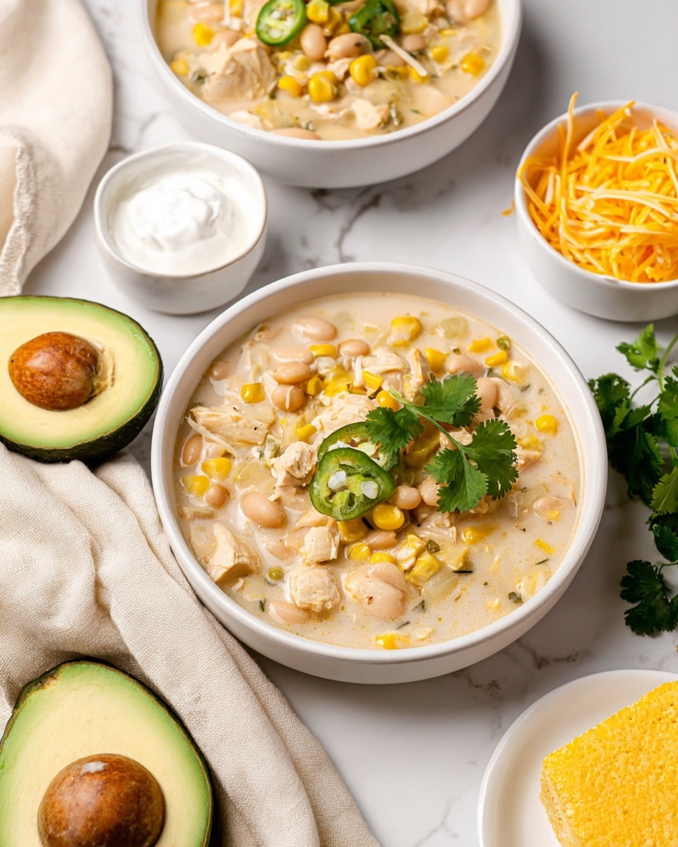 The image shows two white bowls filled with a creamy soup that has three visible layers: a light cream-colored broth base, topped with pieces of white beans, yellow corn kernels, chunks of white chicken meat, and small bits of light green peppers and onions. Fresh green cilantro leaves are sprinkled on top as garnish. Surrounding the bowls are a halved avocado with a large brown seed, a small white bowl of white sour cream-like sauce, a white bowl with bright orange shredded cheese, and a white plate with a piece of yellow cornbread. All items are placed on a white marbled surface with a pale cream-colored cloth nearby. photo taken with an iphone --ar 4:5 --v 7