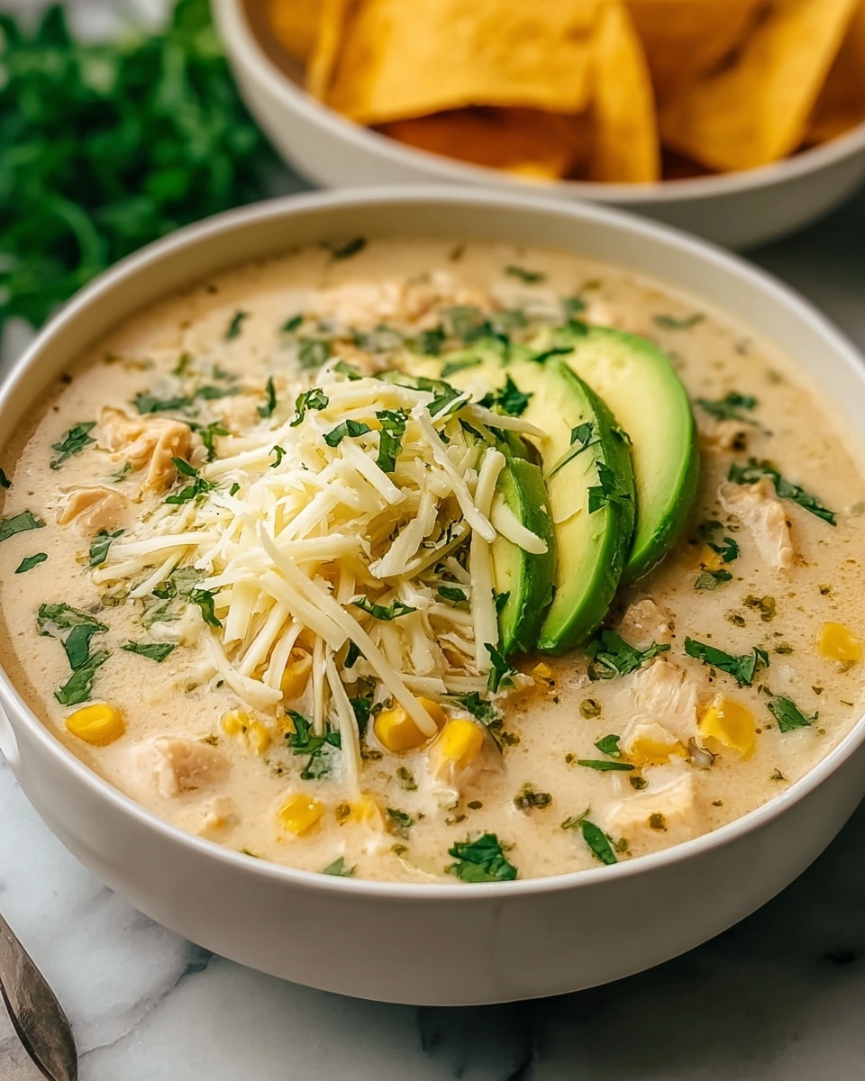 A white bowl filled with creamy chicken soup that has a light beige color with visible small pieces of chicken and corn throughout. On top, there is a layer of shredded white cheese and freshly chopped green herbs sprinkled across the soup. Two slices of bright green avocado are placed slightly on the cheese, adding texture and color contrast to the dish. A few tortilla chips and more avocado slices can be seen in the blurred background on a white marbled surface. The photo taken with an iphone --ar 4:5 --v 7
